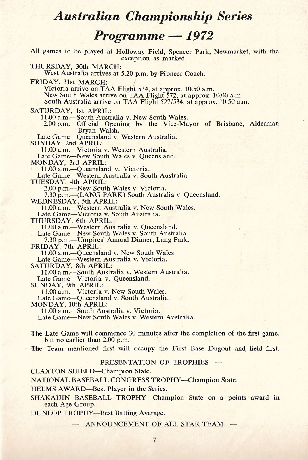 1972 Australian Baseball Championships programme (games schedule)