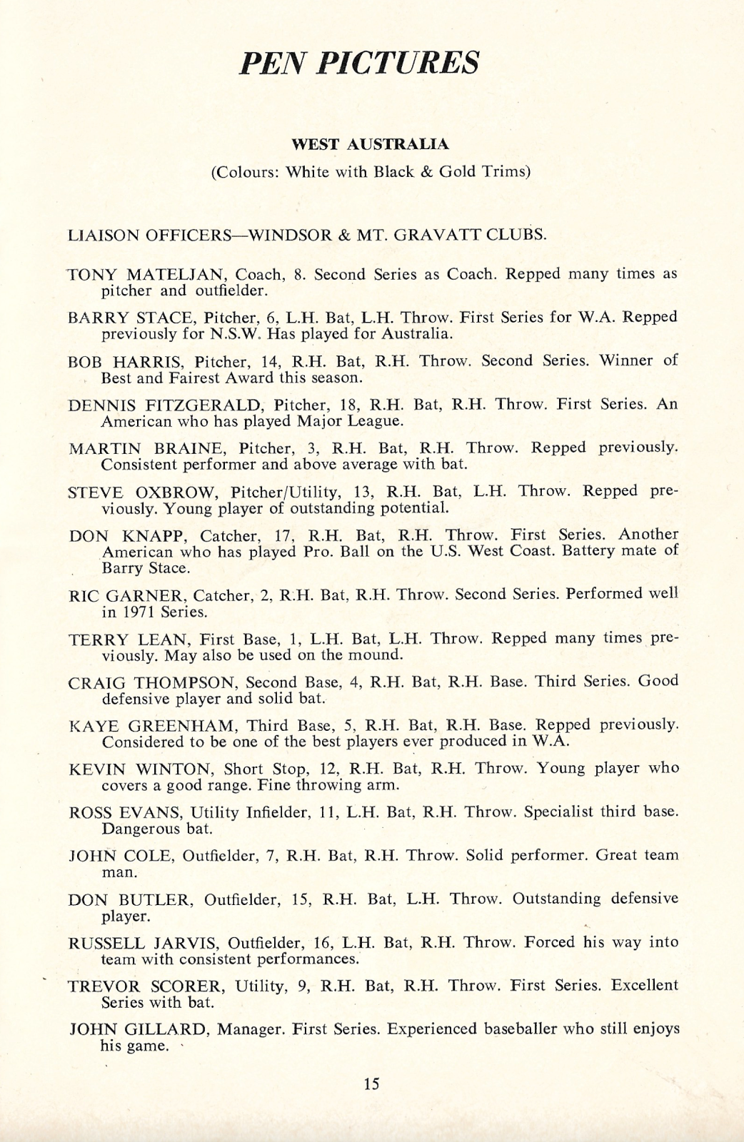 1972 Australian Baseball Championships programme (player profiles)