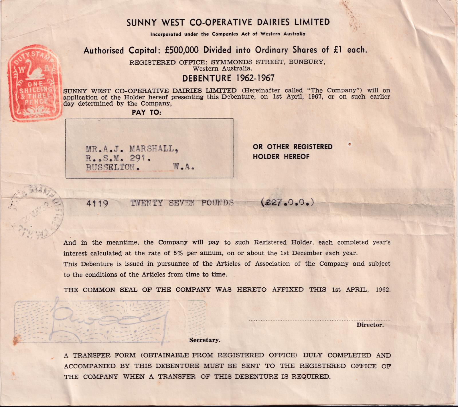 Debenture Certificate