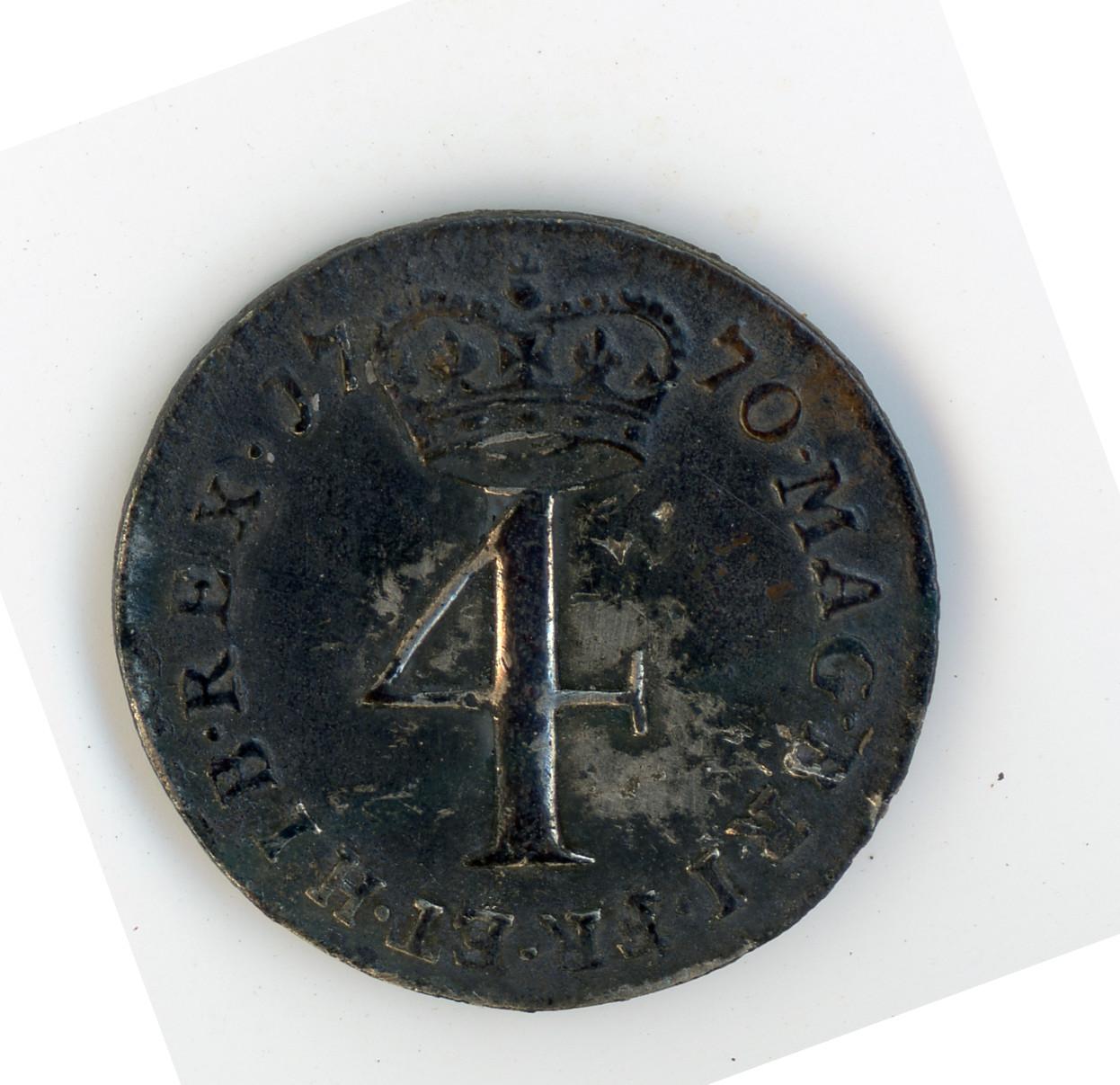 Obverse view of 1770 silver fourpence.