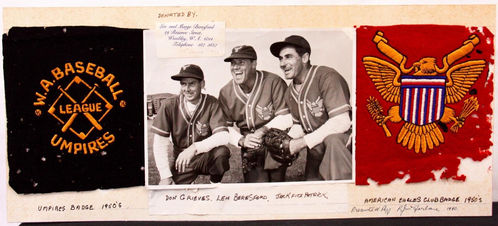 1950s pocket badges & photo - American Eagles Club and W.A. Baseball League Umpires