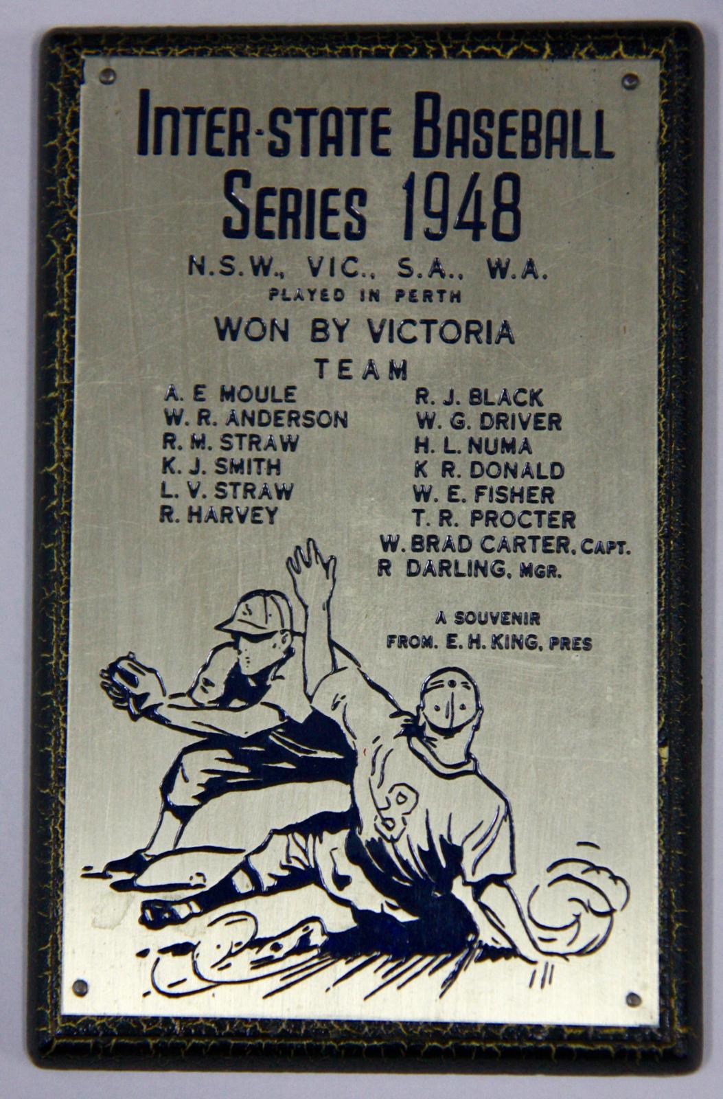 Inter-State Baseball Series 1948 -Victorian team winners plaque