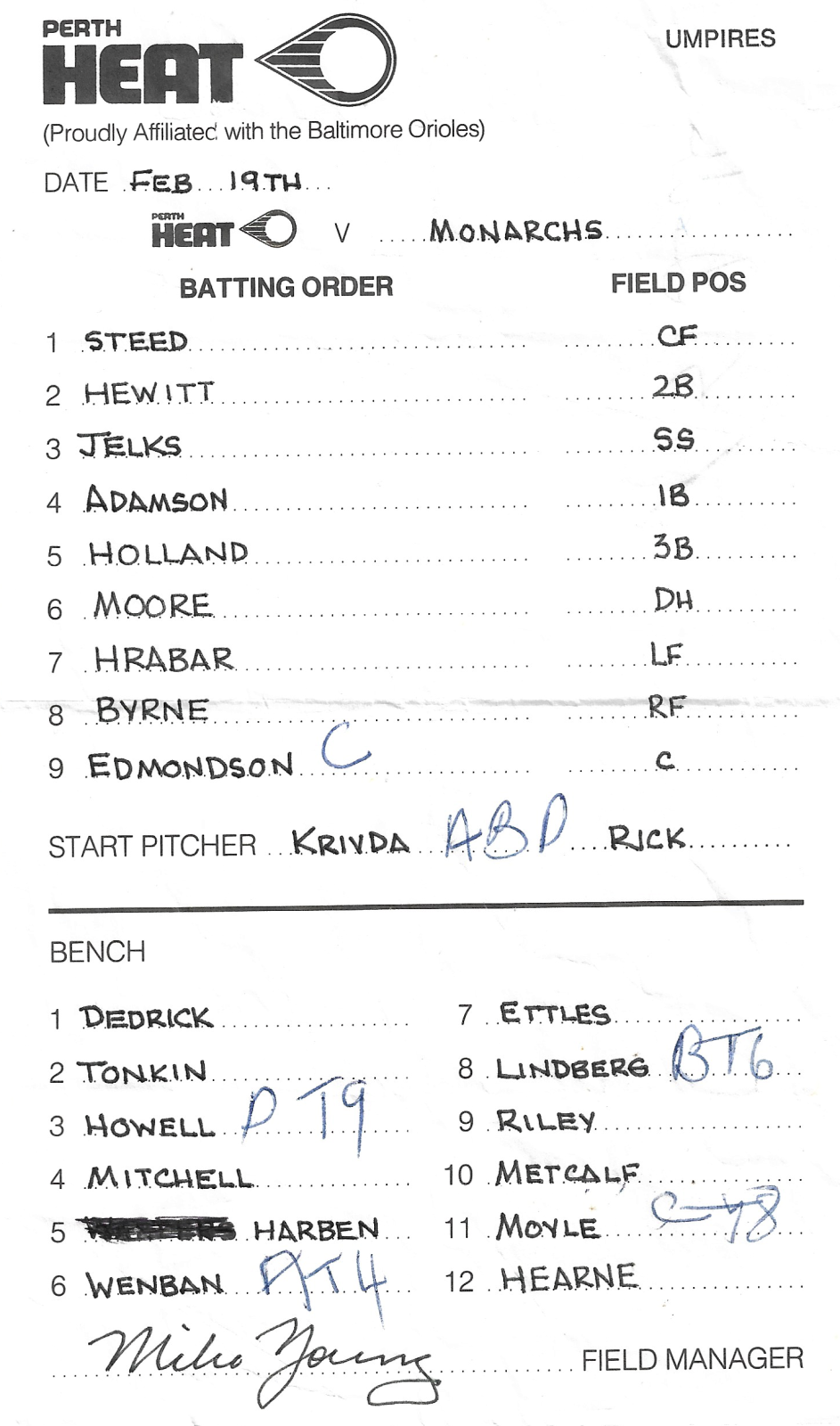 Perth Heat line-up sheet (1990)