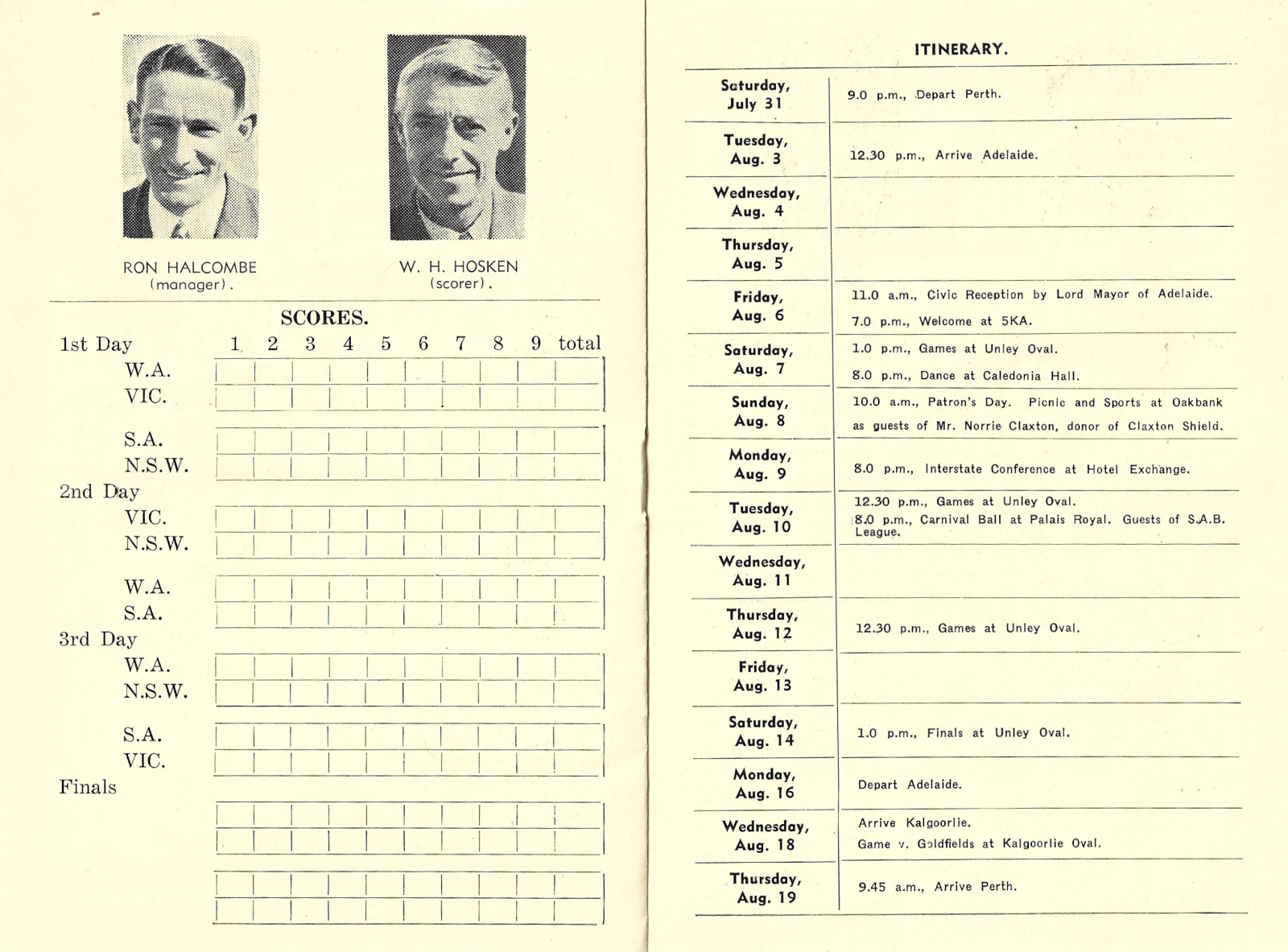 2020.61-1 West Australian 1937 Claxton Shield Programme (WA team itinerary)