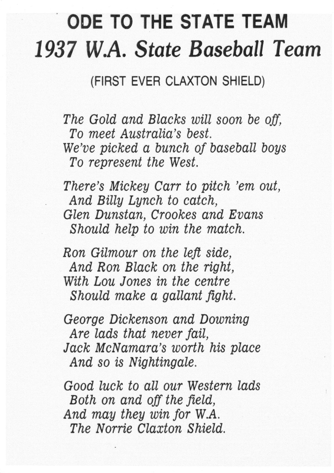 Ode to the 1937 Western Australian State Baseball Team