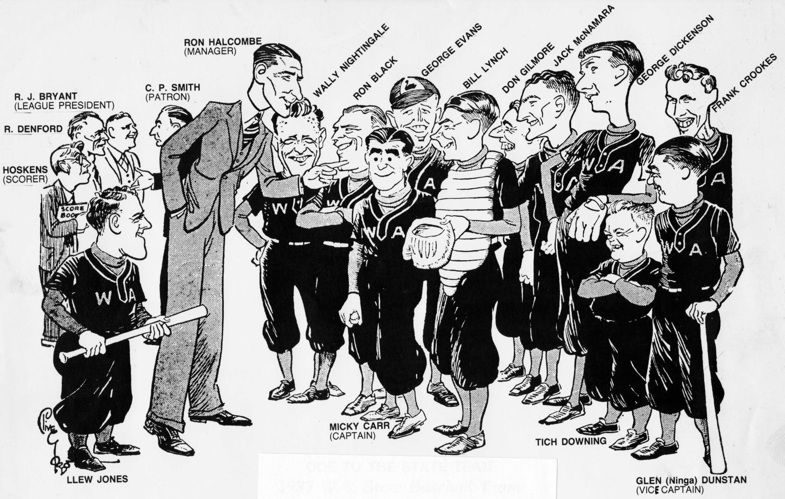 Caricature of 1937 Western Australian State baseball team