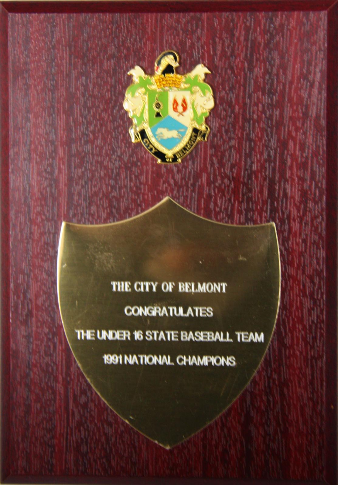 1991 Western Australian Under 16 State Baseball Team commemorative plaque