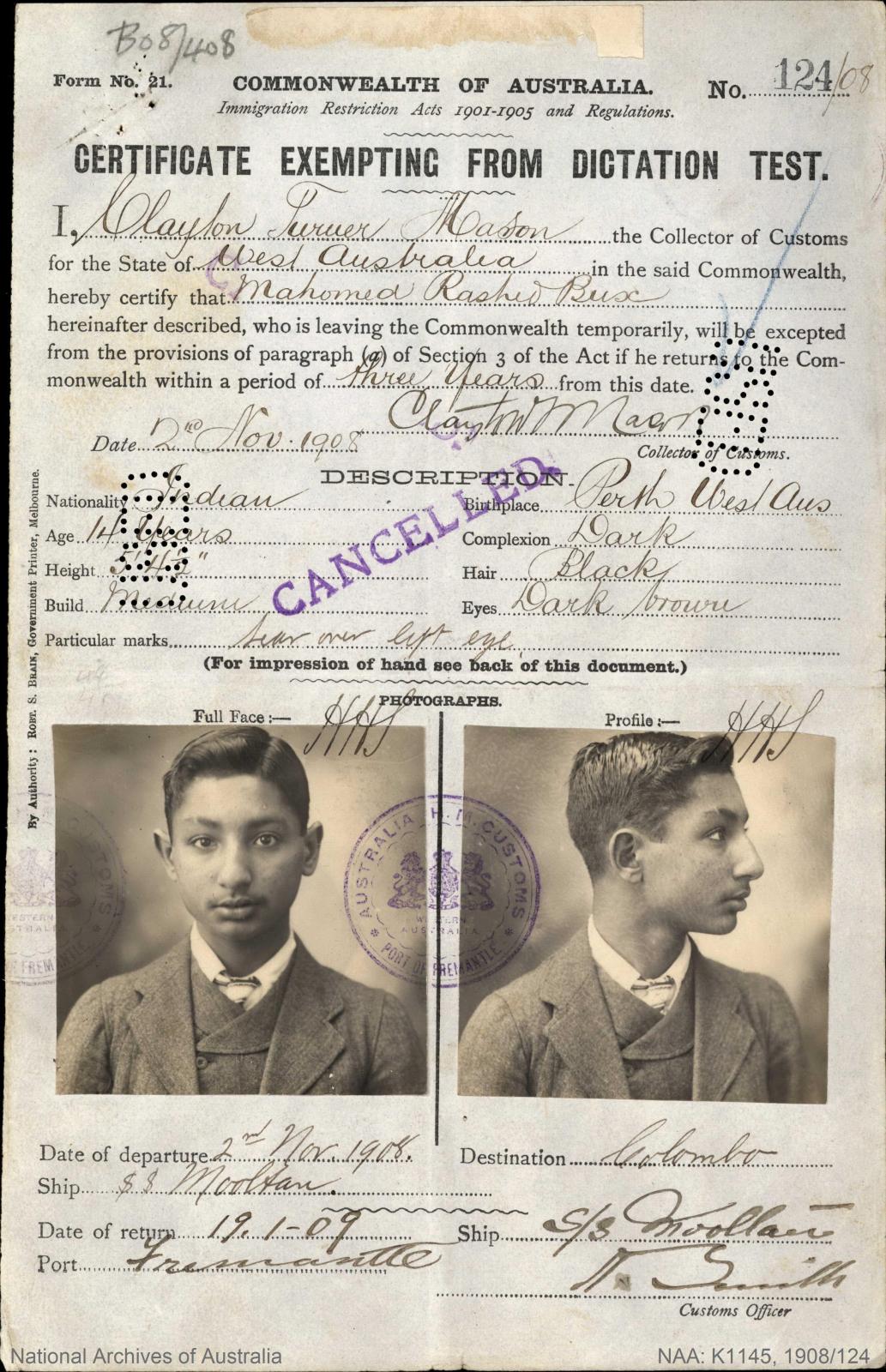 Document with photographs of young man from front and side