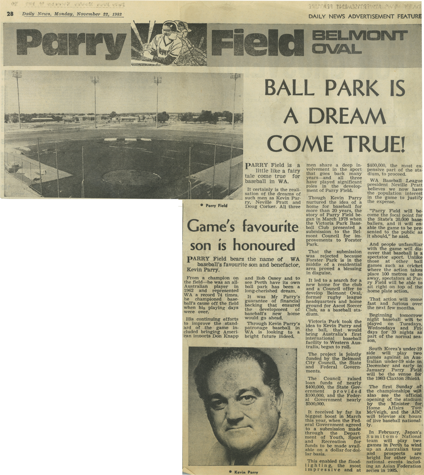 Newspaper articles (1982) Parry Field Baseball Park features; Return of night baseball