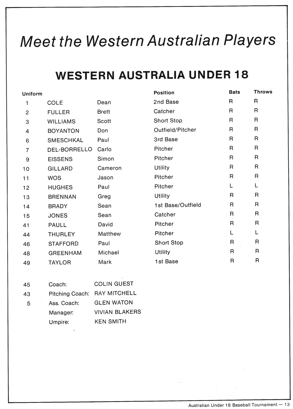 1985 Australian Under 18 Baseball Tournament programme (Western Australian team)
