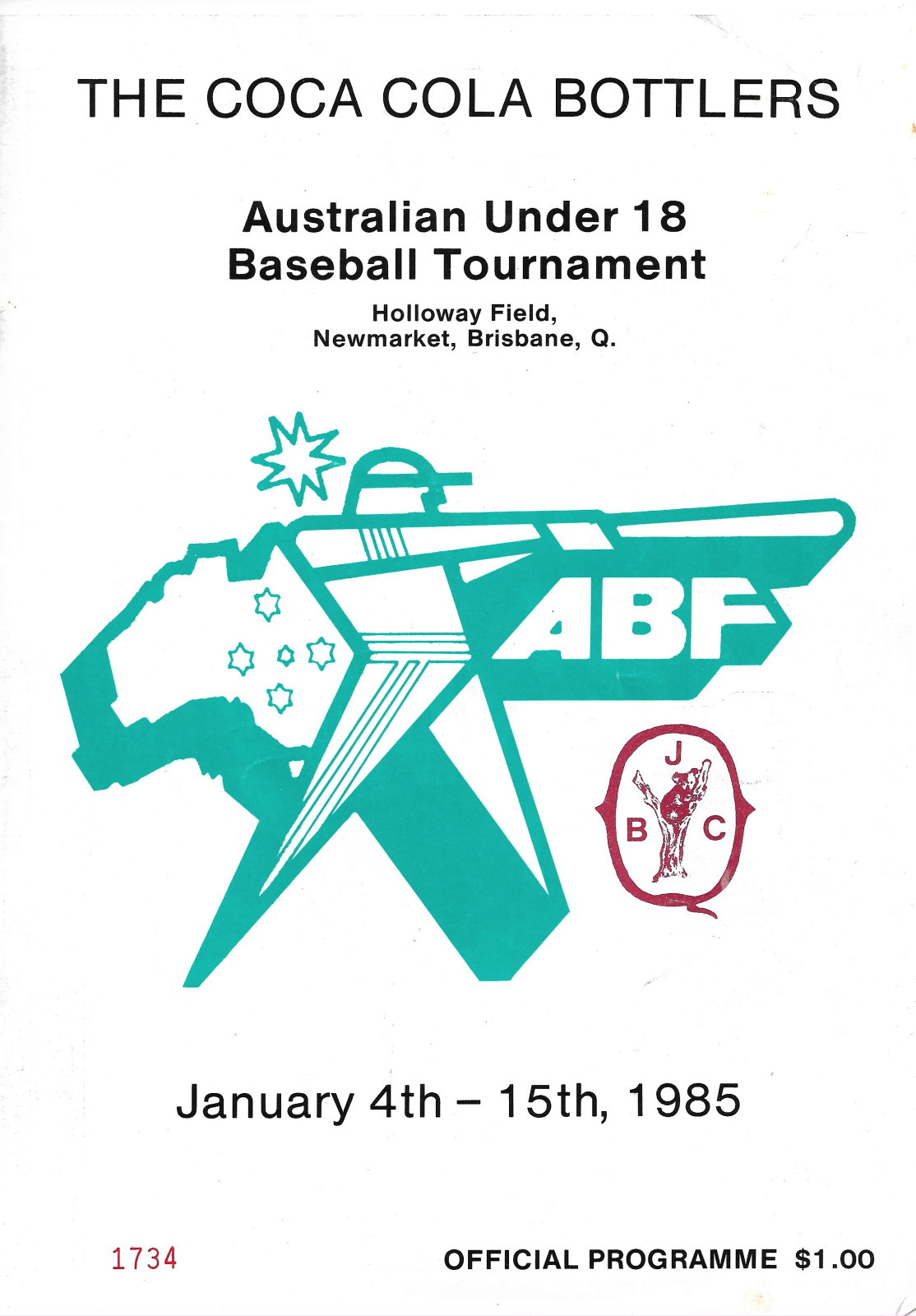 1985 Australian Under 18 Baseball Tournament programme (front cover)