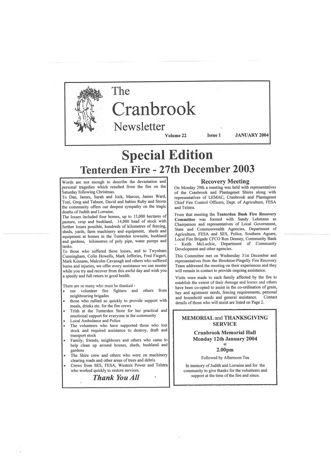 The Cranbrook Newsletter - Special Edition Tenterden Fire - 27th December 2003  Compiled by Emma-Jane Toovey