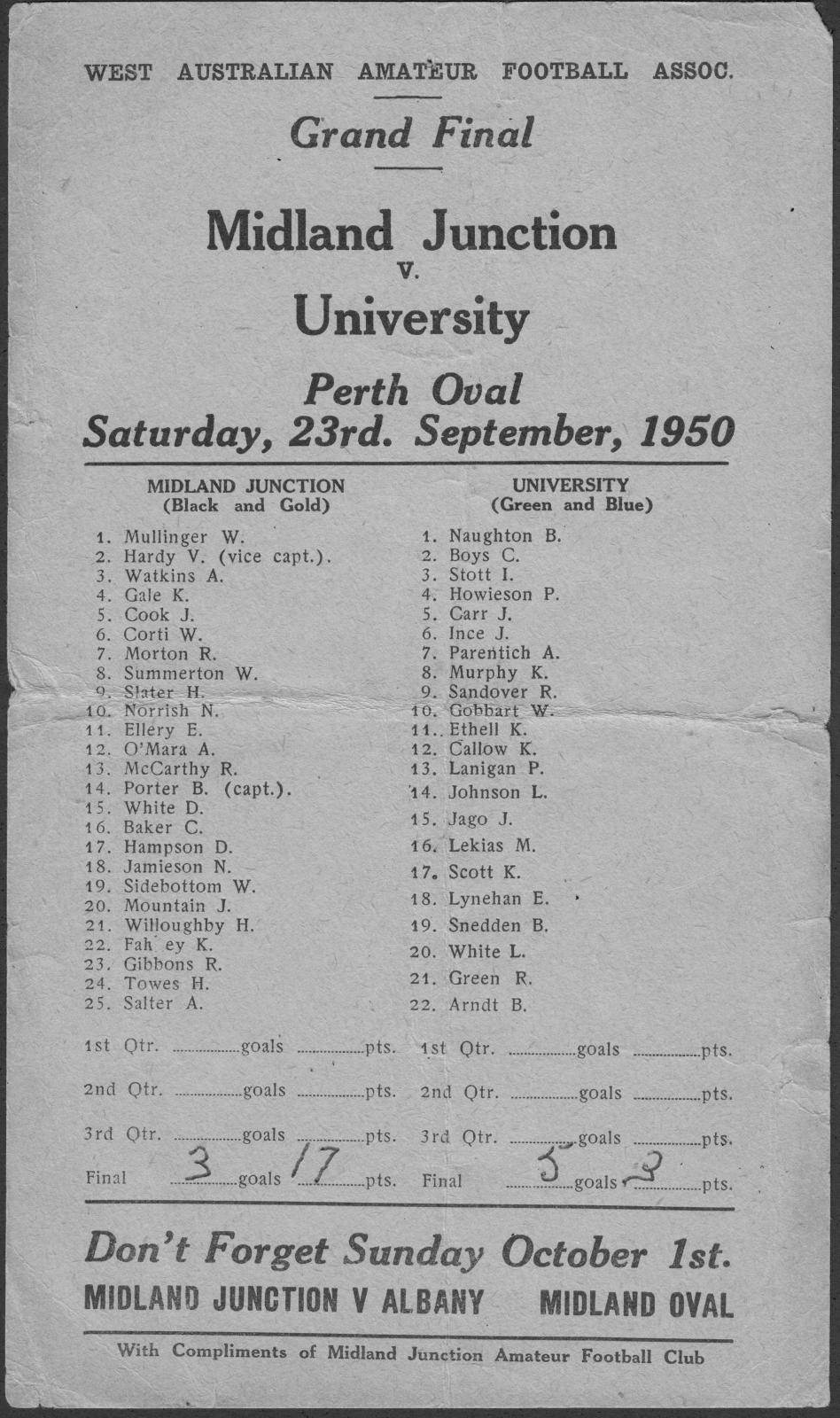 West Australian Amateur Football Association match card.