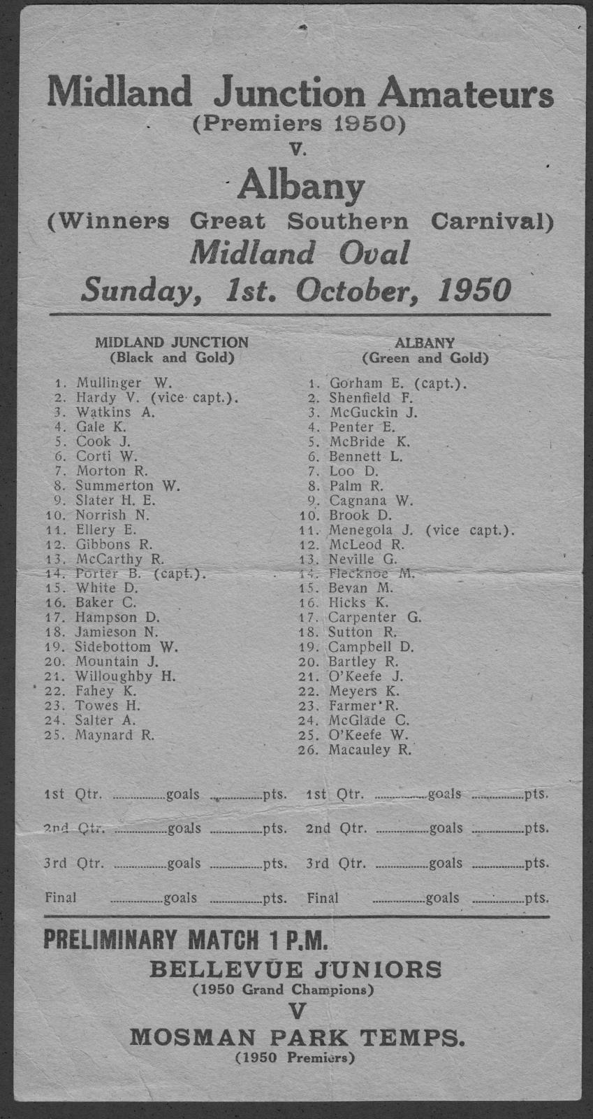 West Australian Amateur Football Association match card.