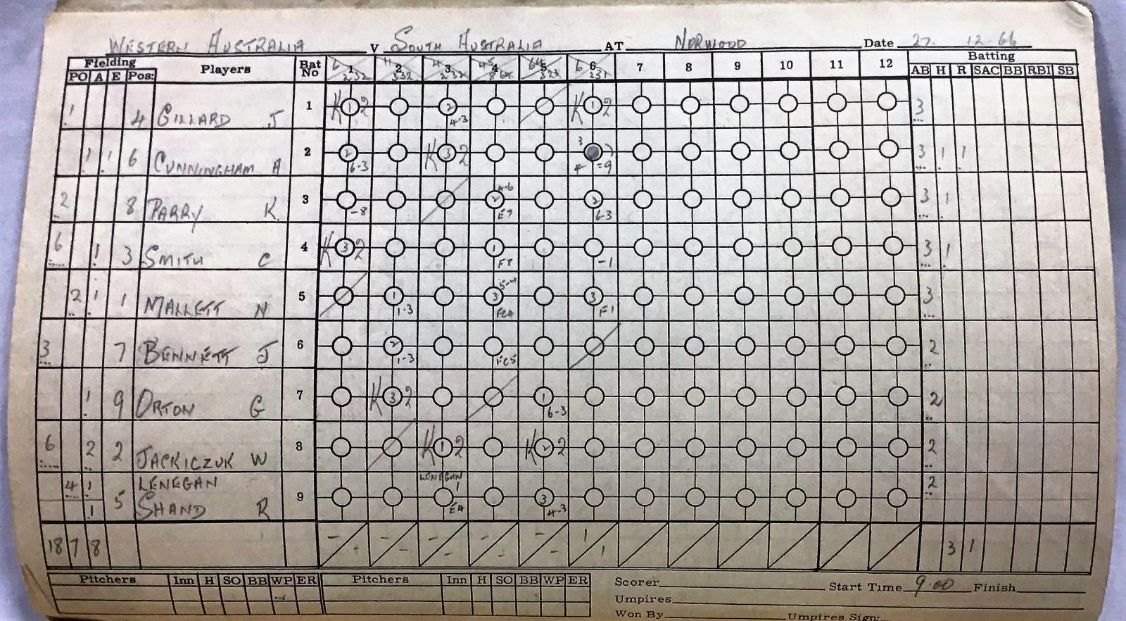 Baseball score sheet - Claxton Shield - West Aust. v South Aust. (27.12.1966)