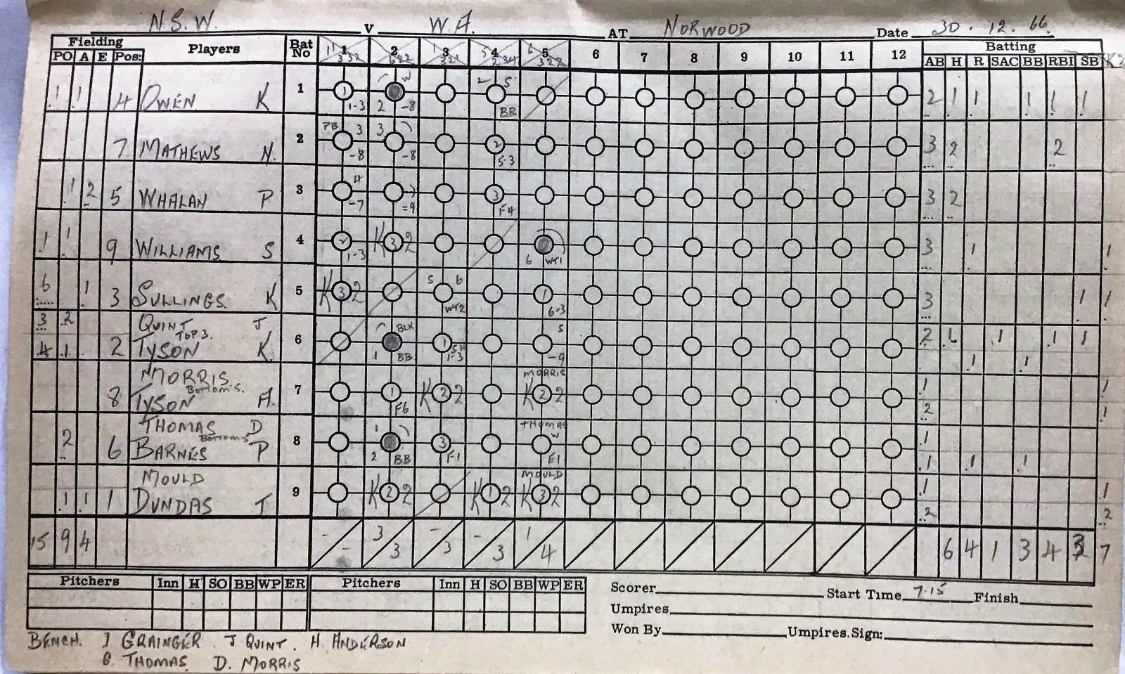 Baseball score sheet - Claxton Shield - New South Wales v Western Aust. (30.12.1966)