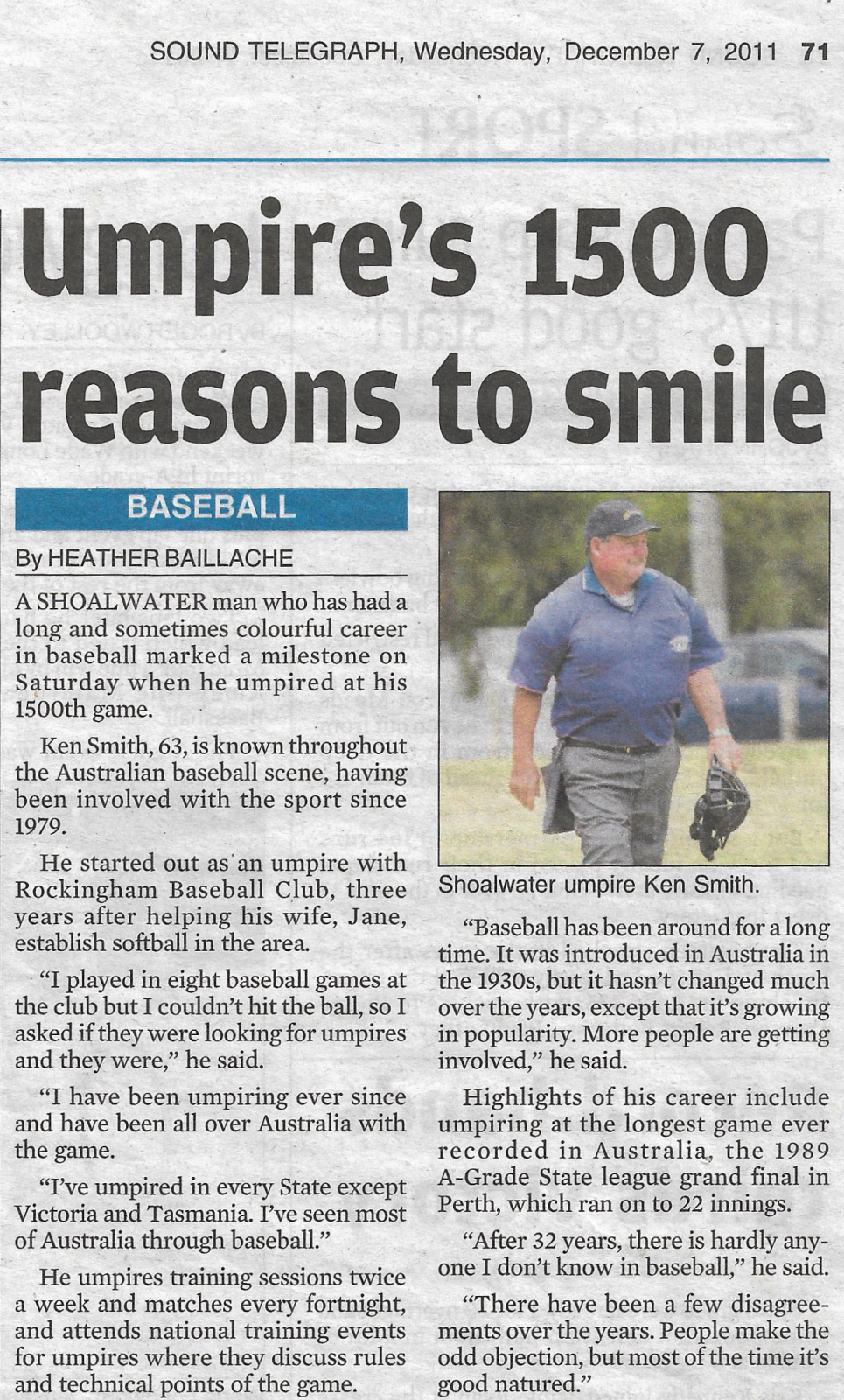 2020.269 Australian baseball umpire Ken Smith's 1500th game - newspaper article