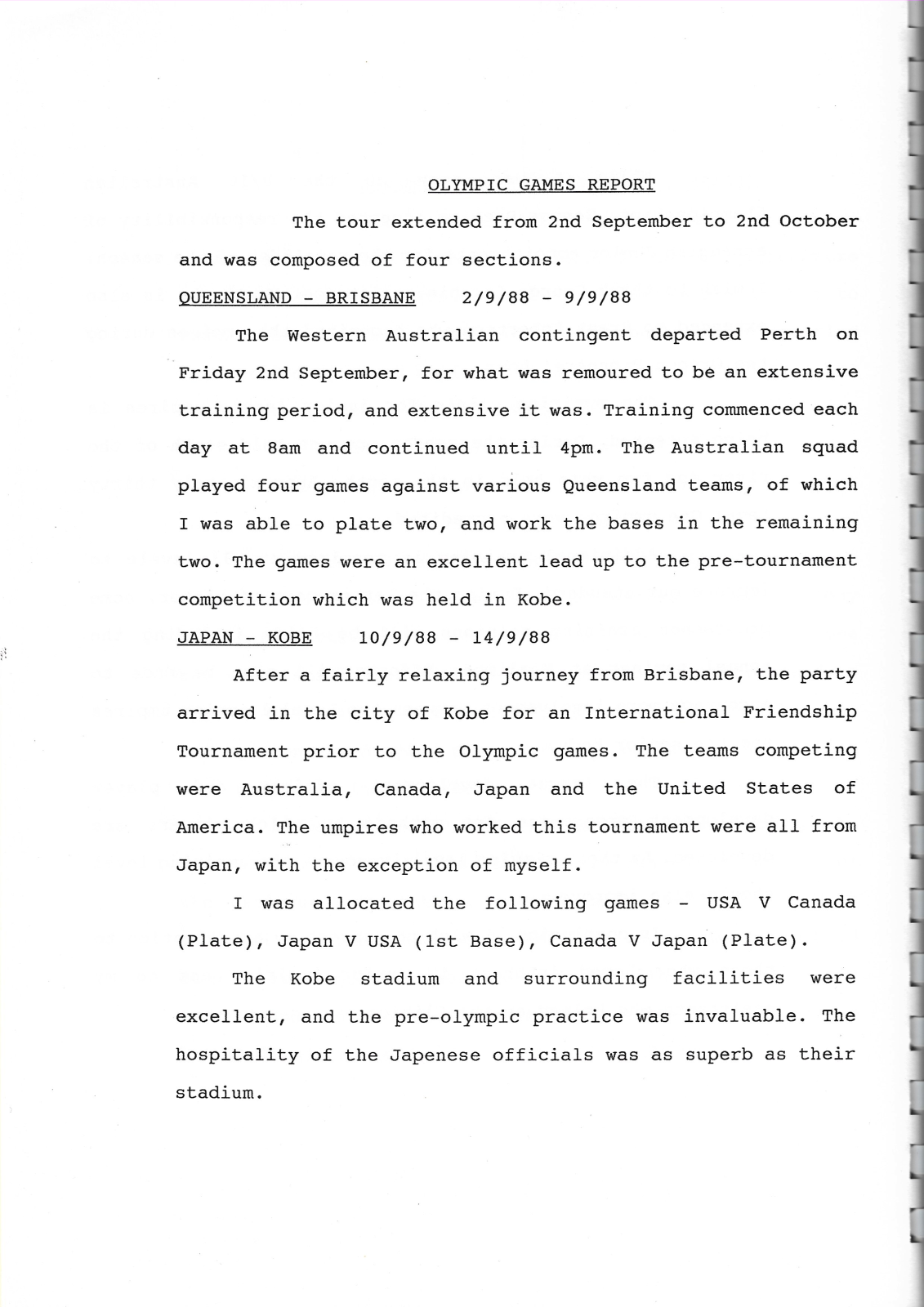 WA Baseball Umpires' Assoc. 1989 annual report (1988 Olympics report 1st page)