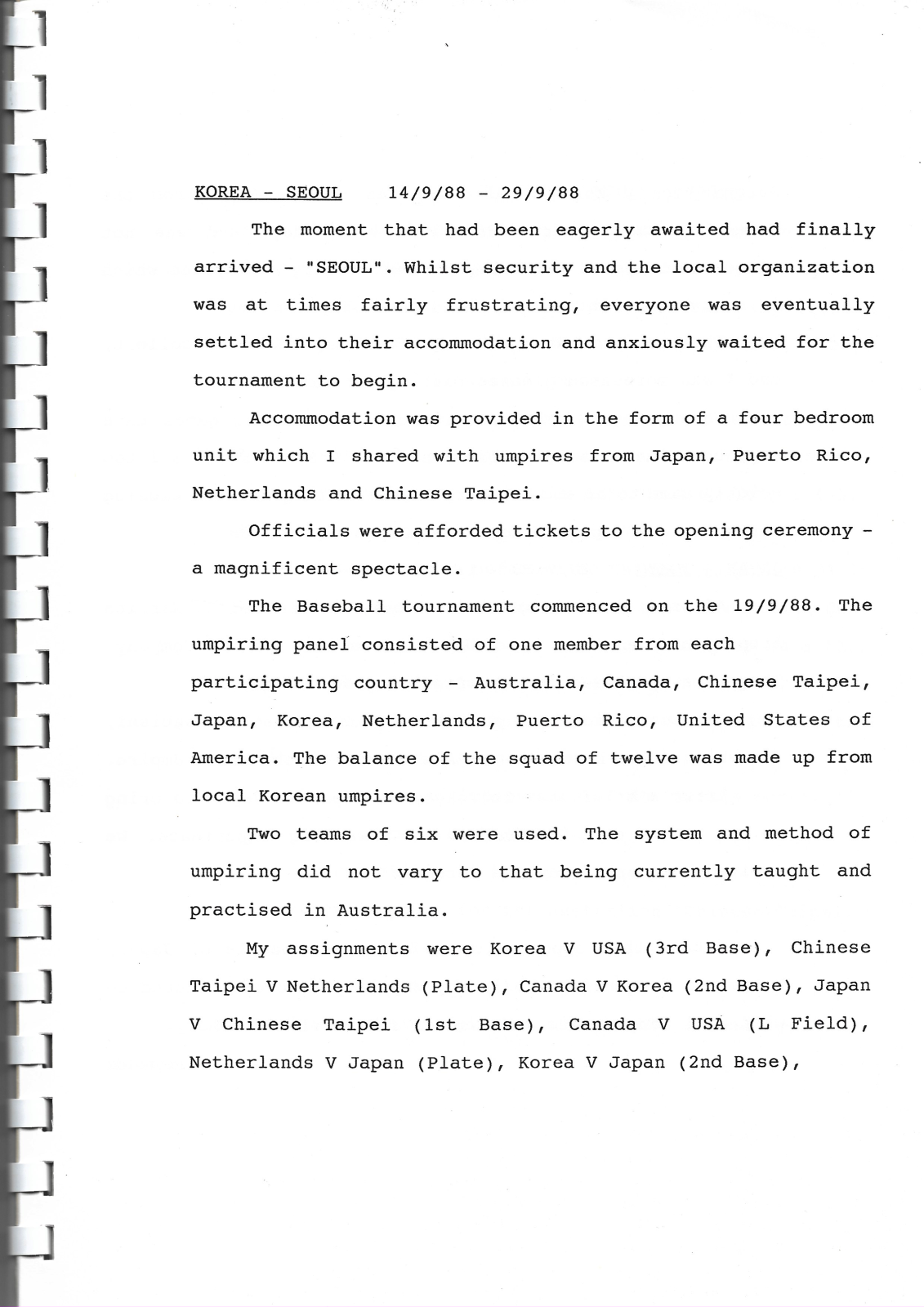 WA Baseball Umpires' Assoc. 1989 annual report (1988 Olympics report 2nd page)