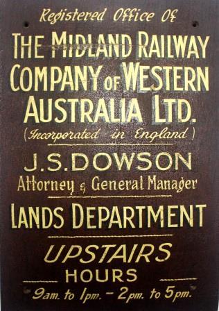 Business plaque announcing the office of the general manager of the Midland Railway Company of Western Australia.