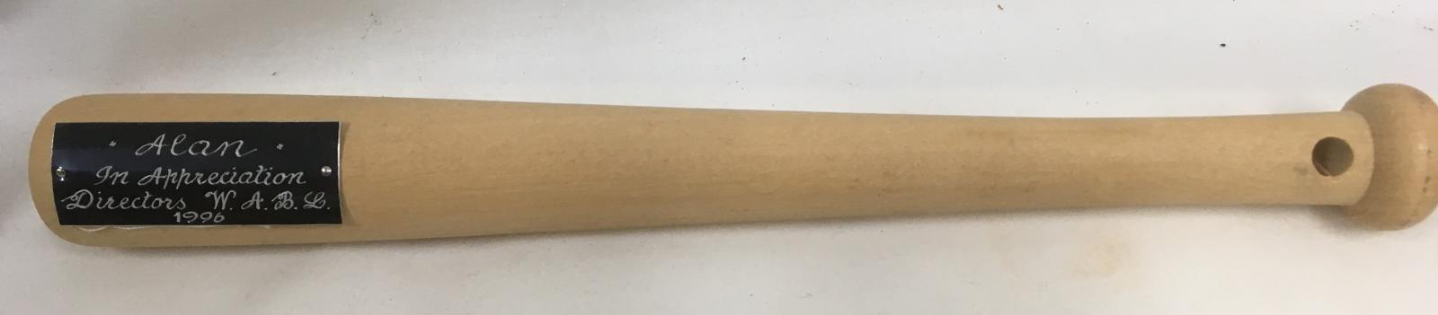 Miniature commemorative baseball bat presented to Alan Luscombe - 1996