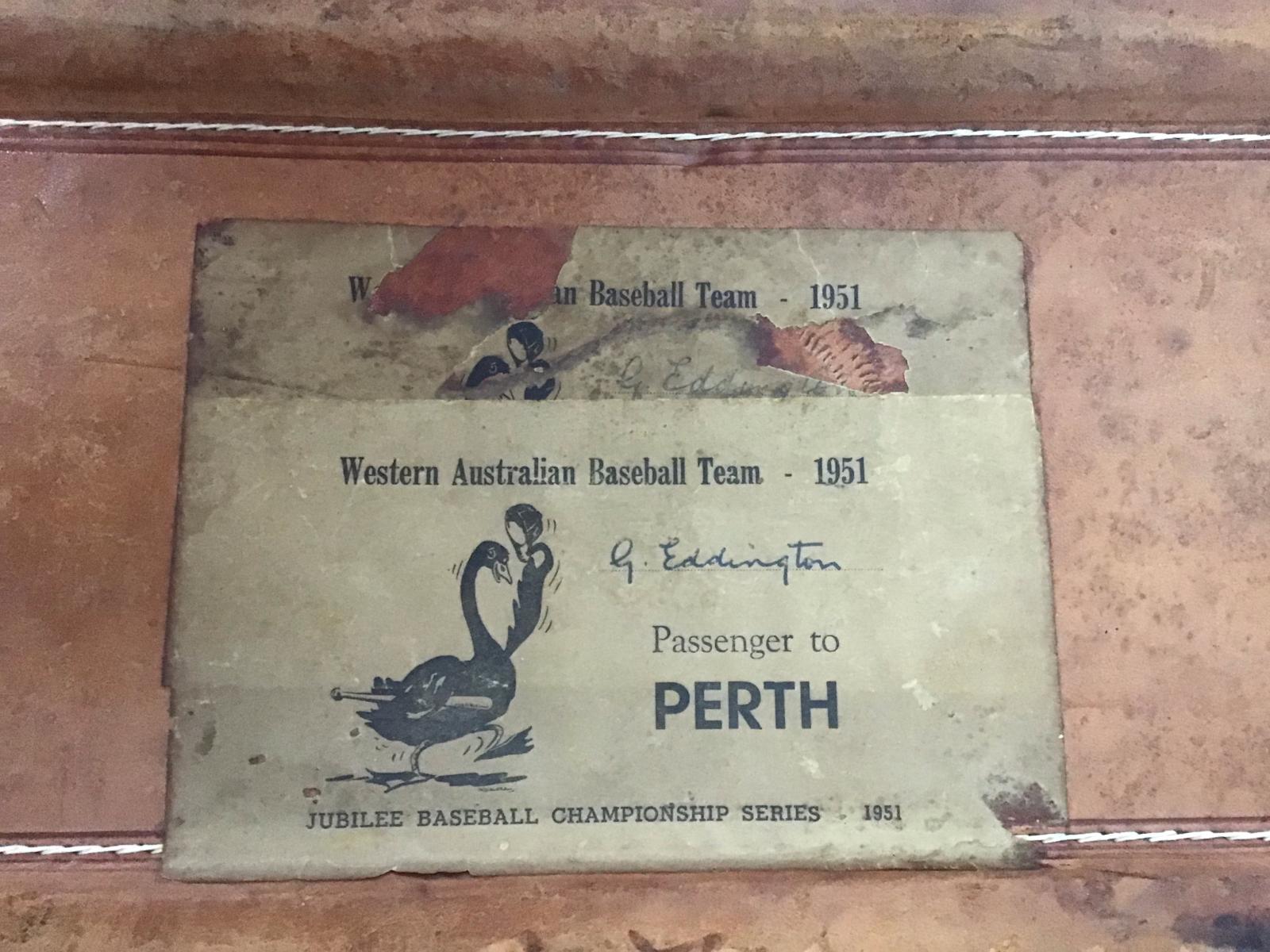 1951 Western Australian State baseball team passenger labels on team member Gil Eddington's suitcase.