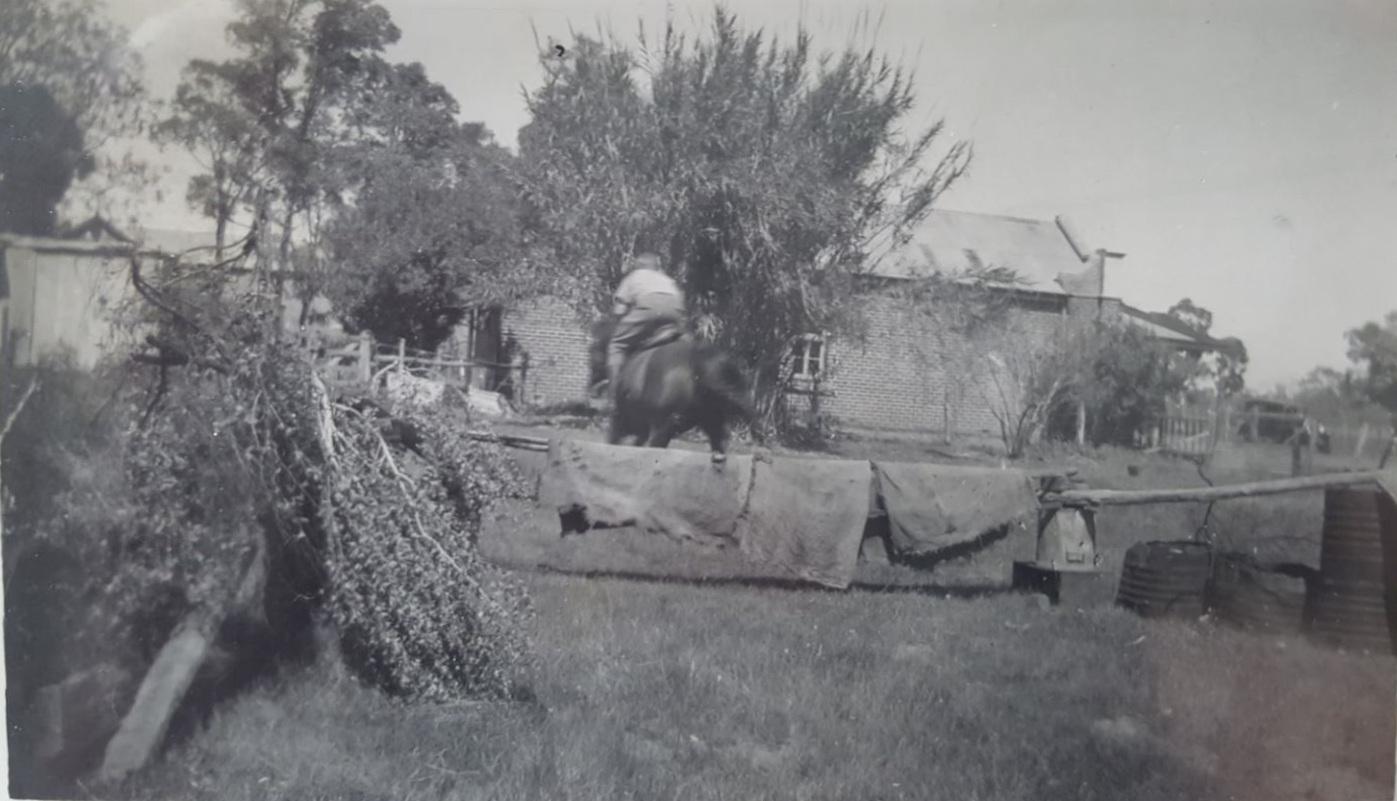 Dennis Walker jumping his horse at the Middle Swan Whiteman Brick Office home, late 1940s.