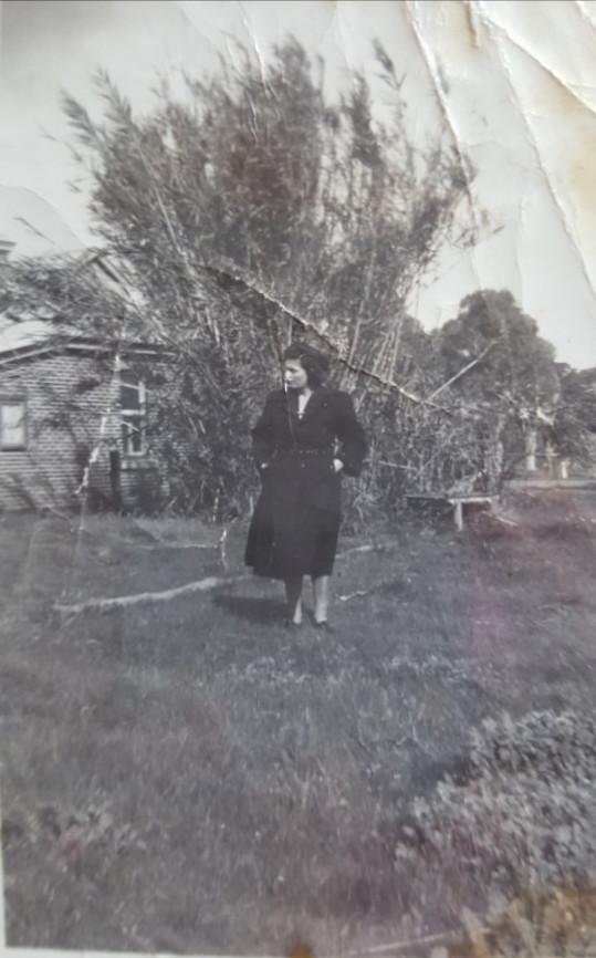 Shylie Walker outside her home - Whiteman Brick Office and home, early 1940s.