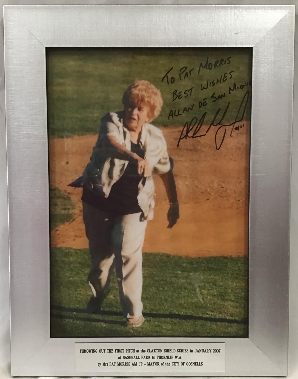 Photograph of Mayor Pat Morris throwing out the first pitch.