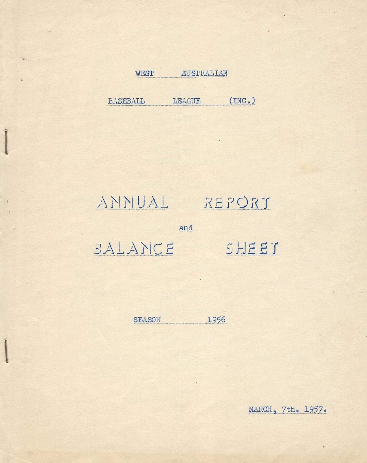 West Australian Baseball League Annual Report 1956 front cover