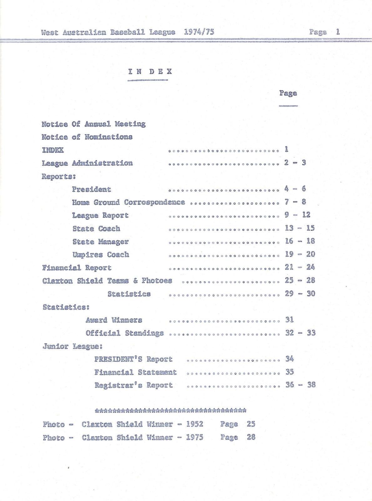 West Australian Baseball League Annual Report 1974-75 index page.