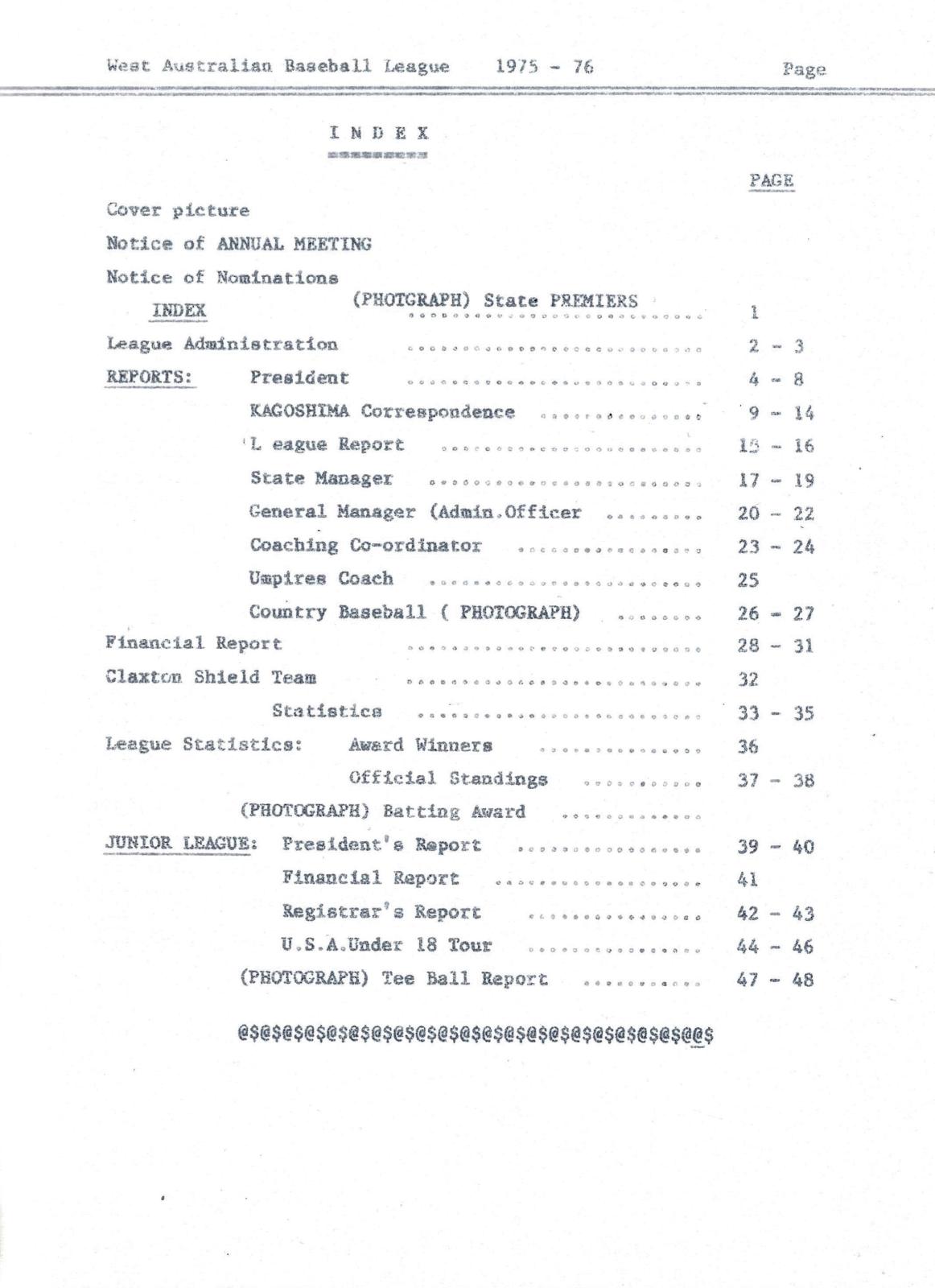 West Australian Baseball League Annual Report 1975-76 index page