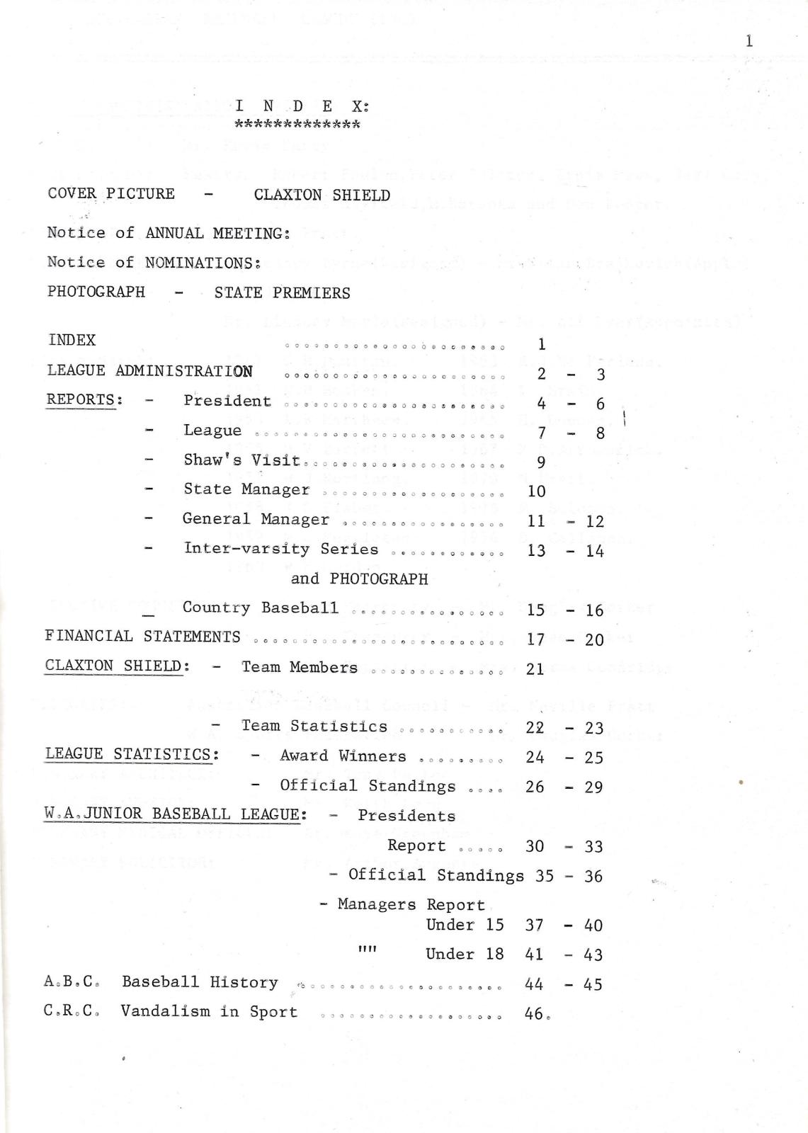 West Australian Baseball League Annual Report 1976-77 index page