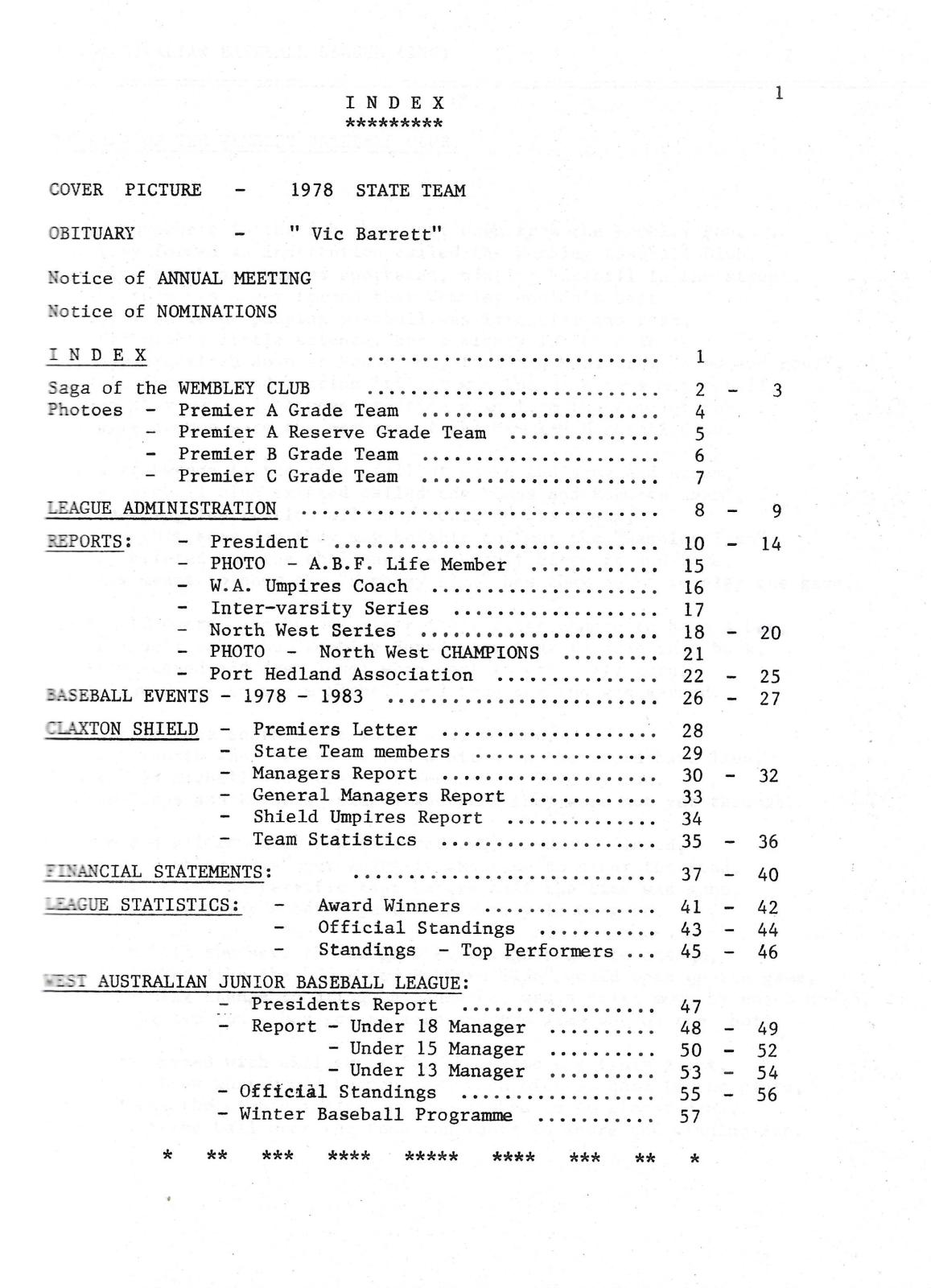 West Australian Baseball League Annual Report 1977-78 index page