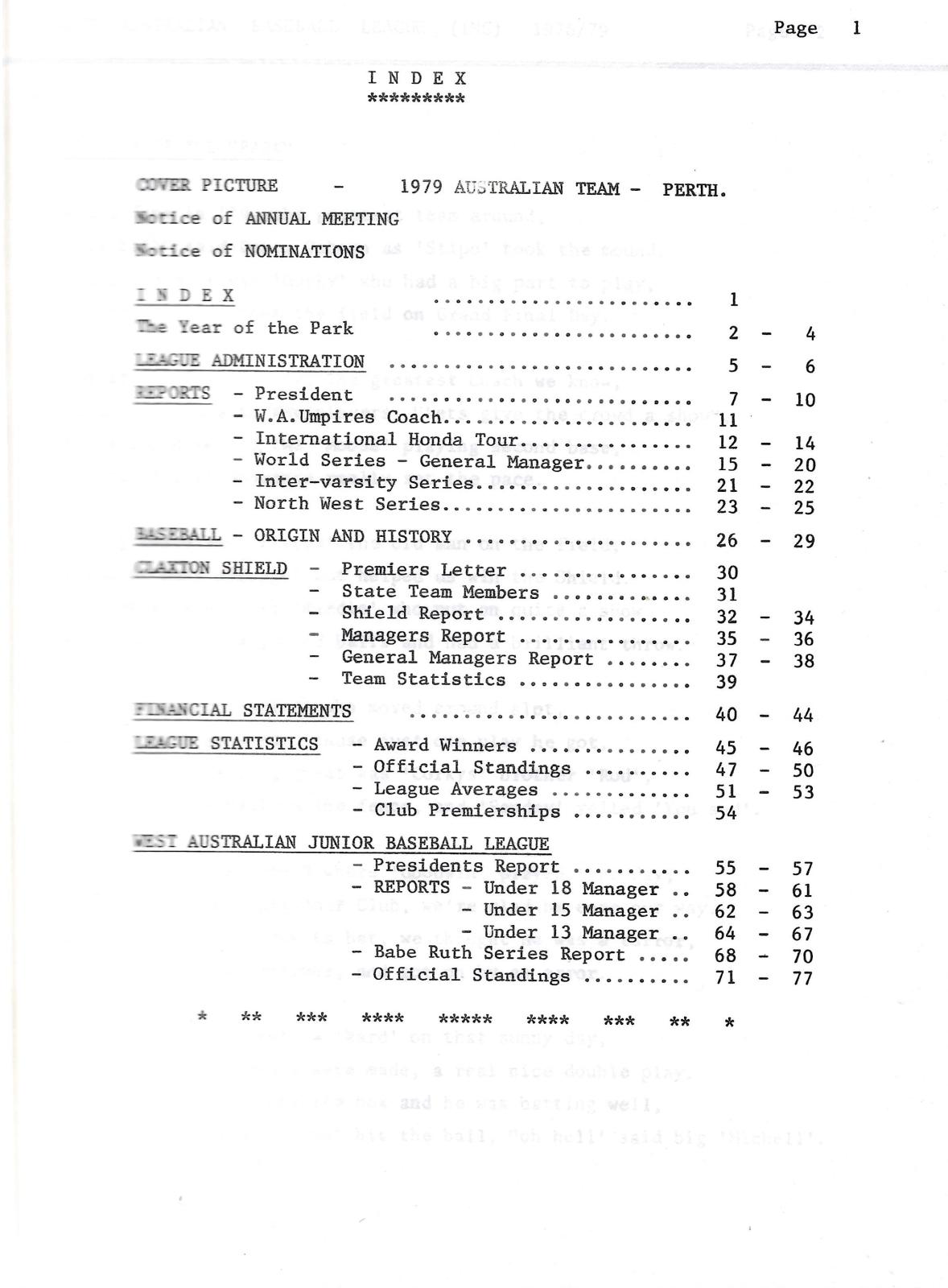 West Australian Baseball League Annual Report 1978-79 index page