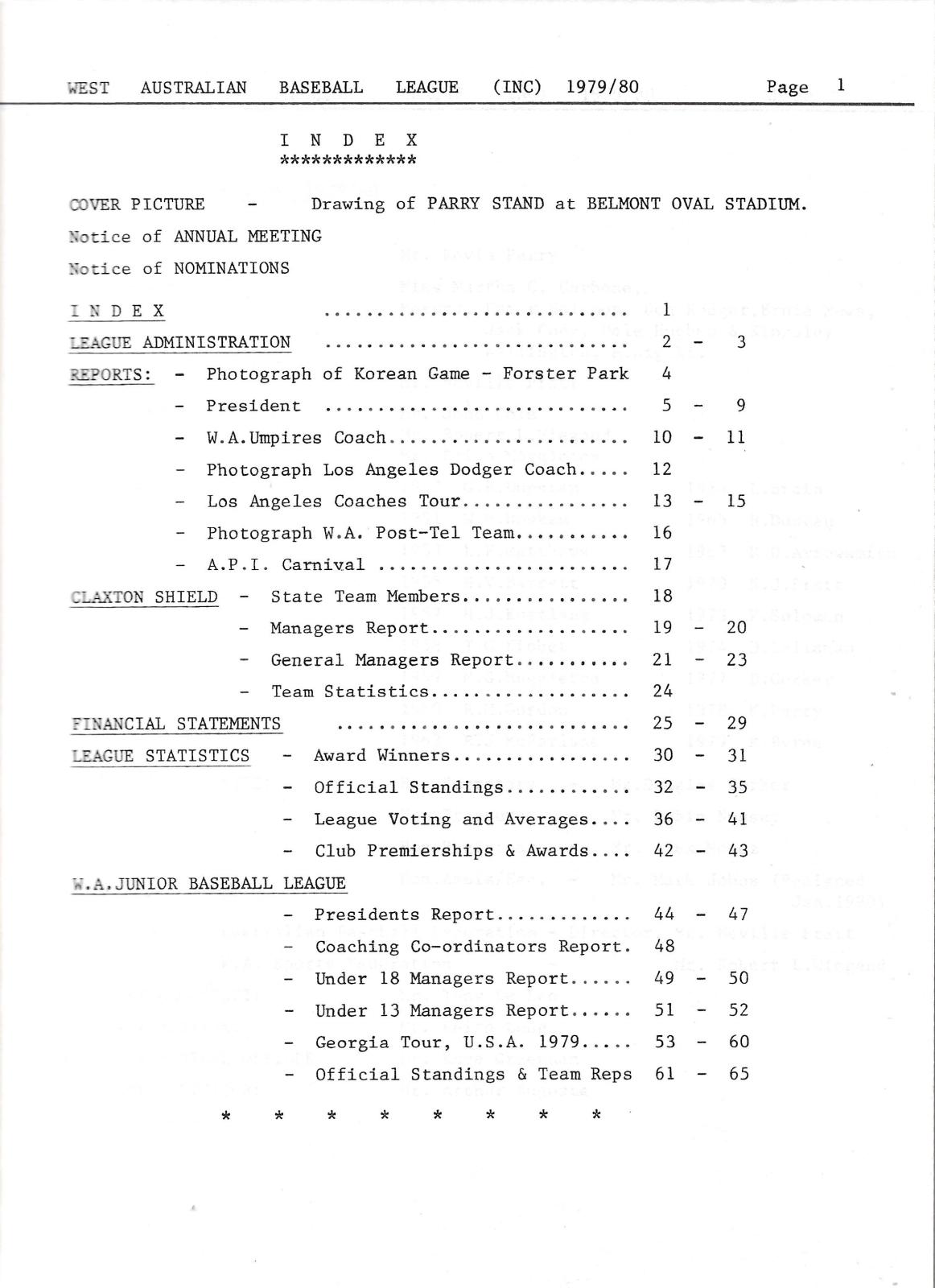 West Australian Baseball League Annual Report 1979-1980 index page