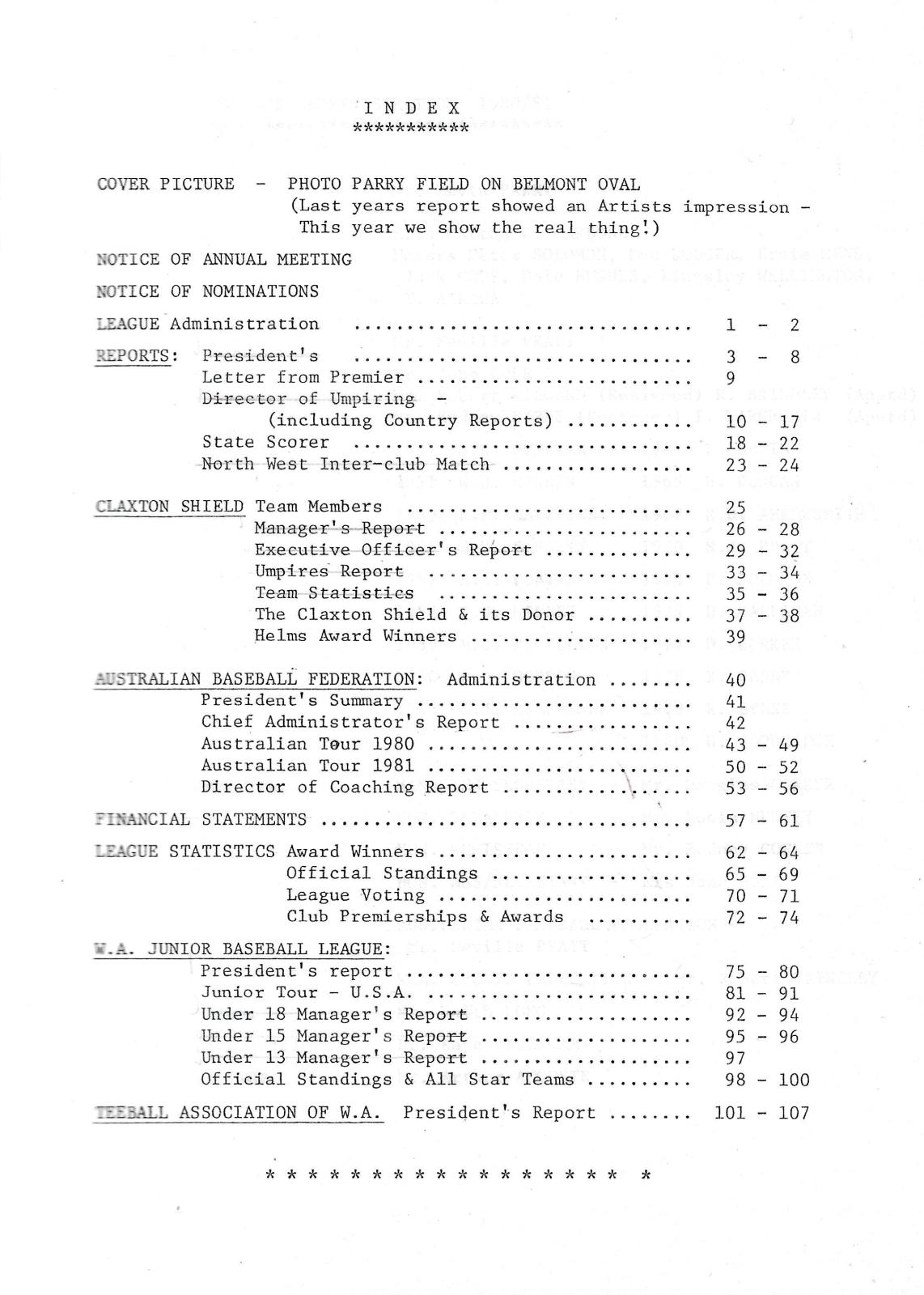 West Australian Baseball League Annual Report 1980-81 index page