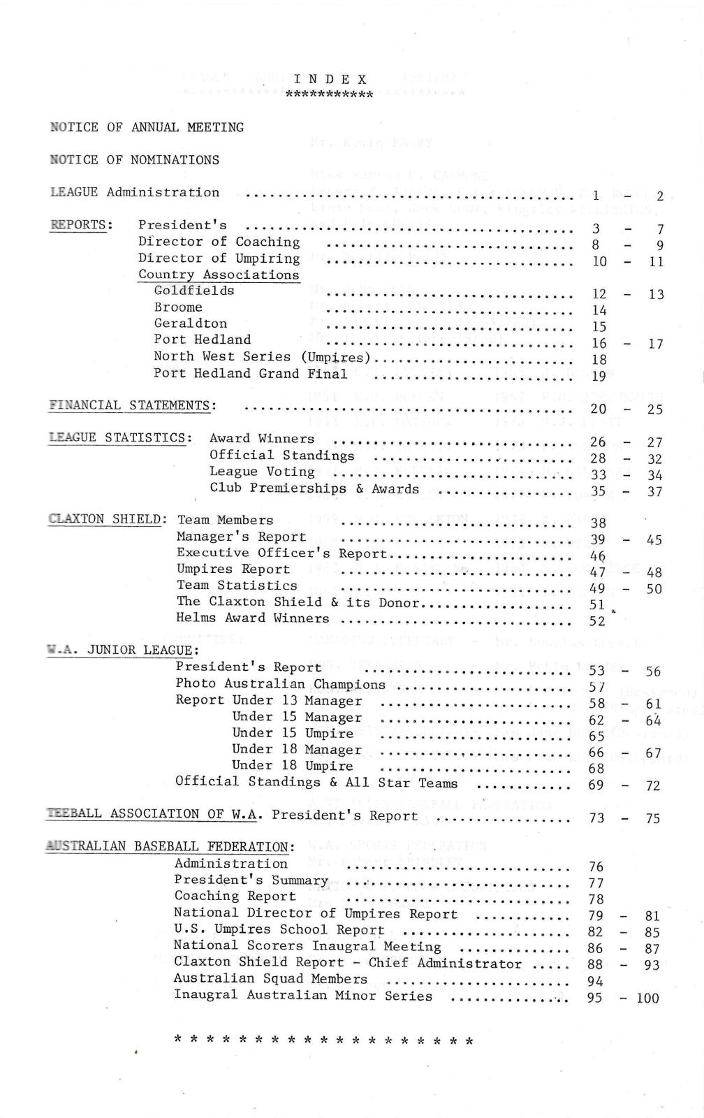 West Australian Baseball League Annual Report 1981-82 index page