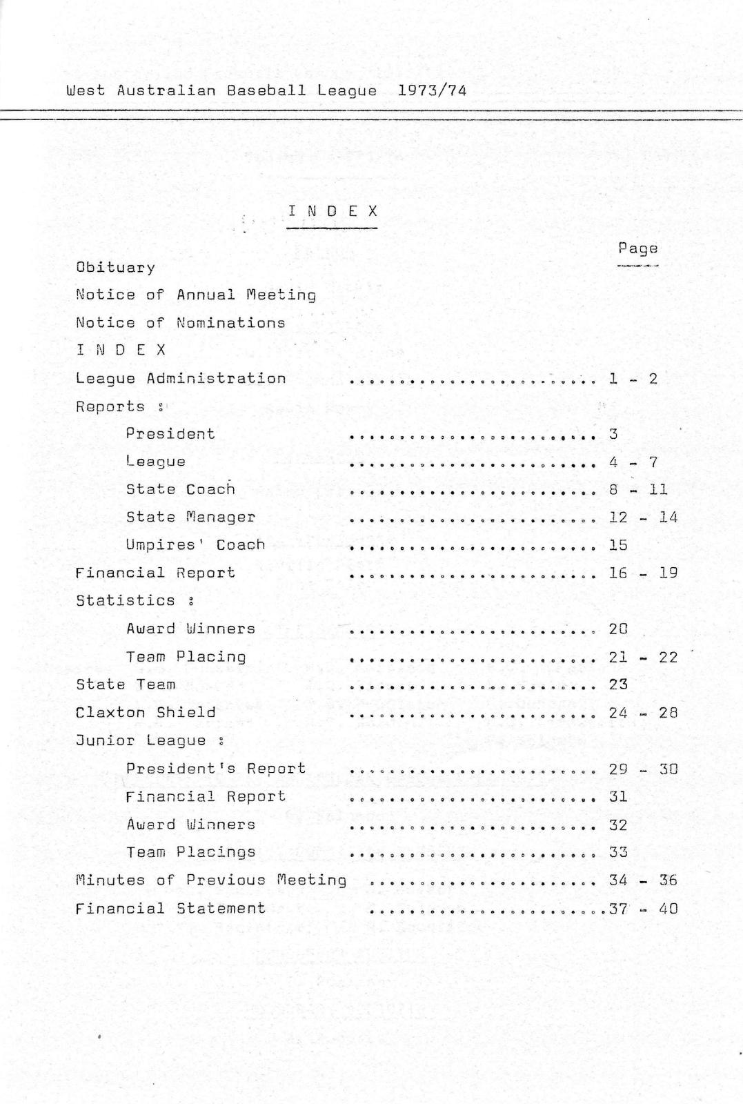 West Australian Baseball League Annual Report 1973-74 index page