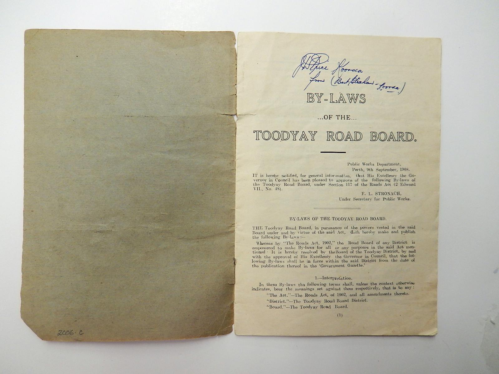 Toodyay By-Laws 1911 inside cover