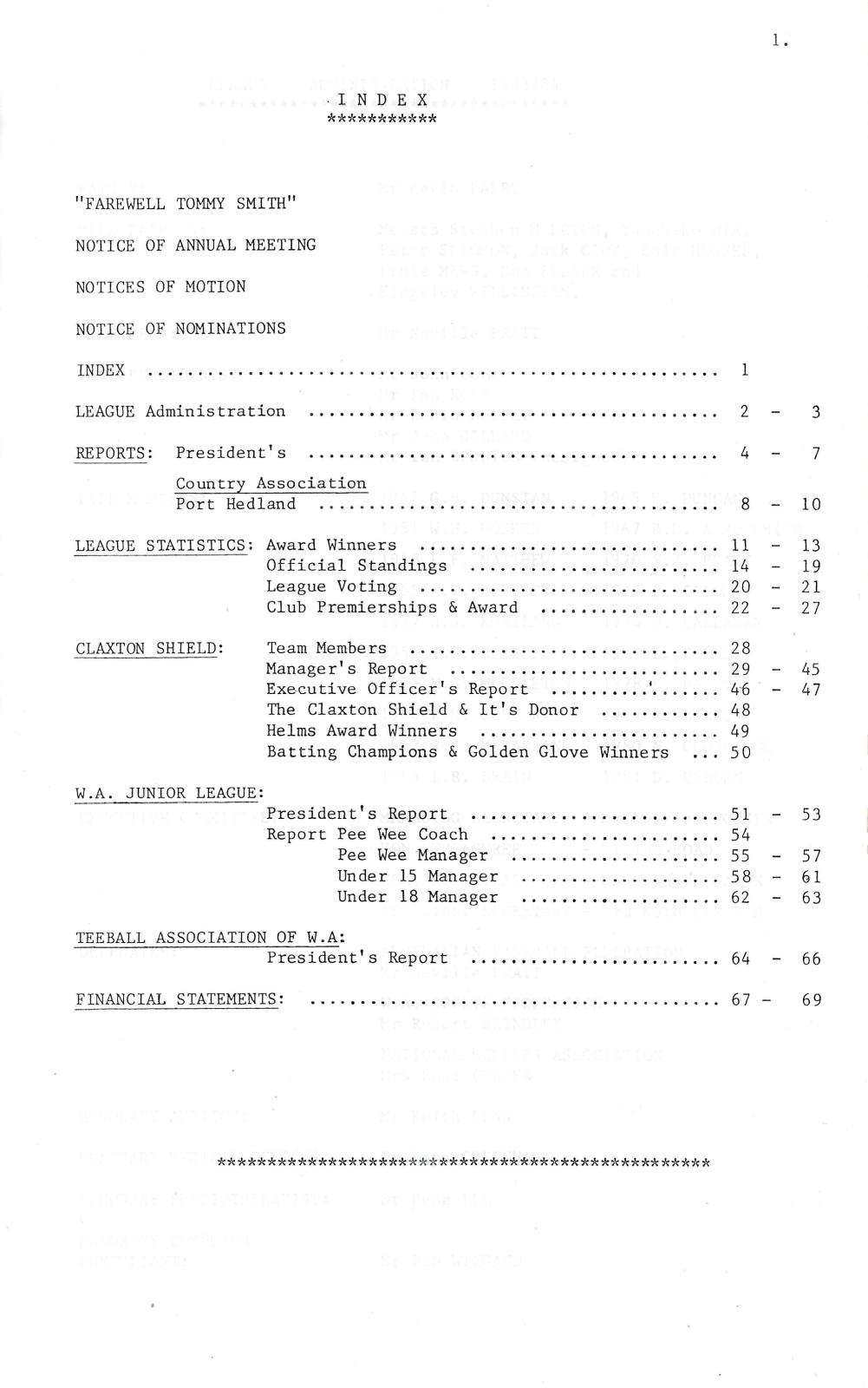 West Australian Baseball League Annual Report 1983-84 index page