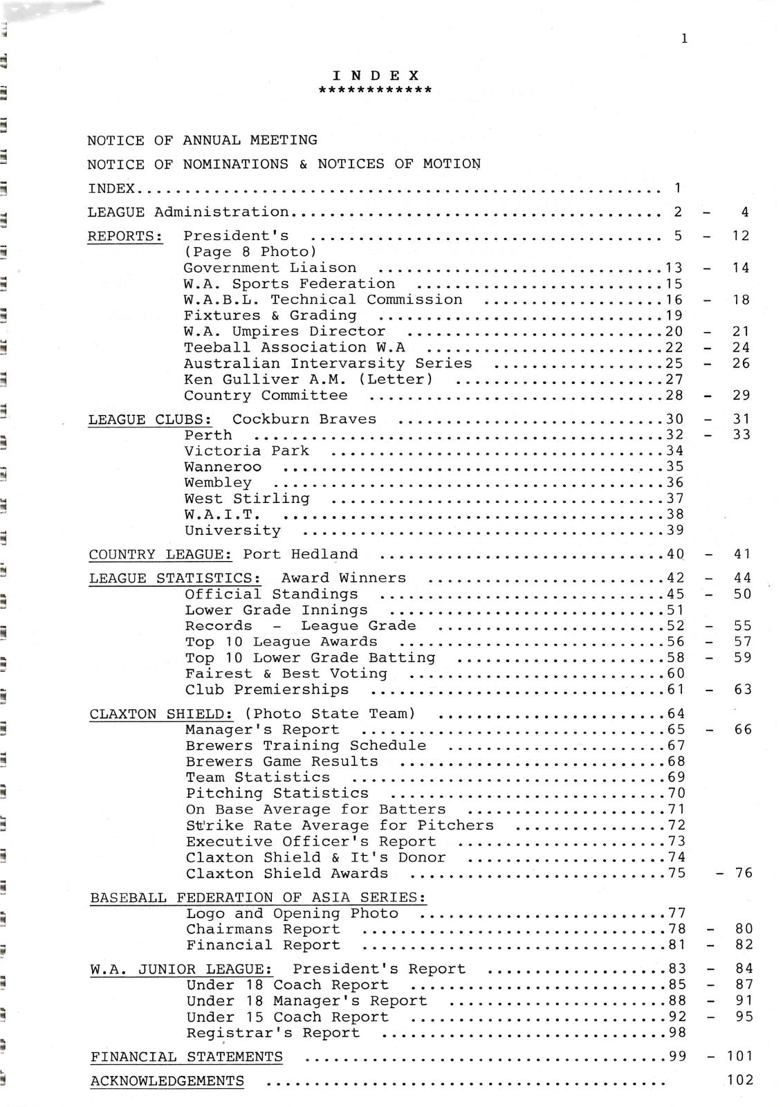 West Australian Baseball League 50th Annual Report 1984-85 index page