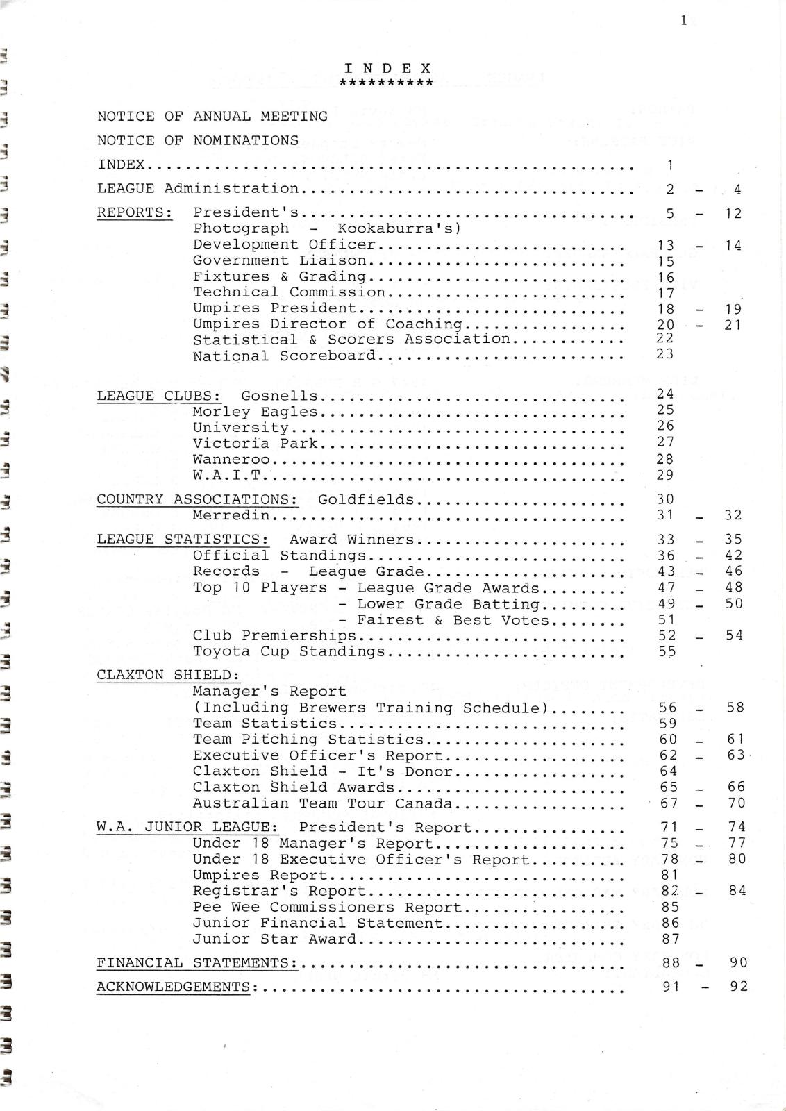 West Australian Baseball League 51st Annual Report 1985-86 index page