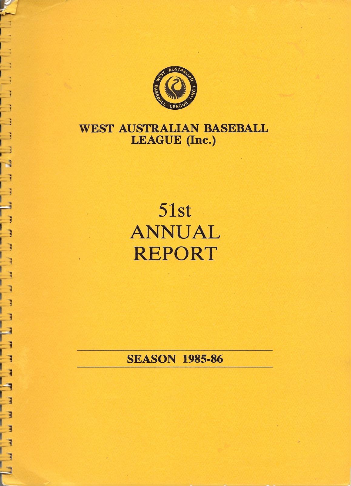 West Australian Baseball League 51st Annual Report 1985-86 cover page