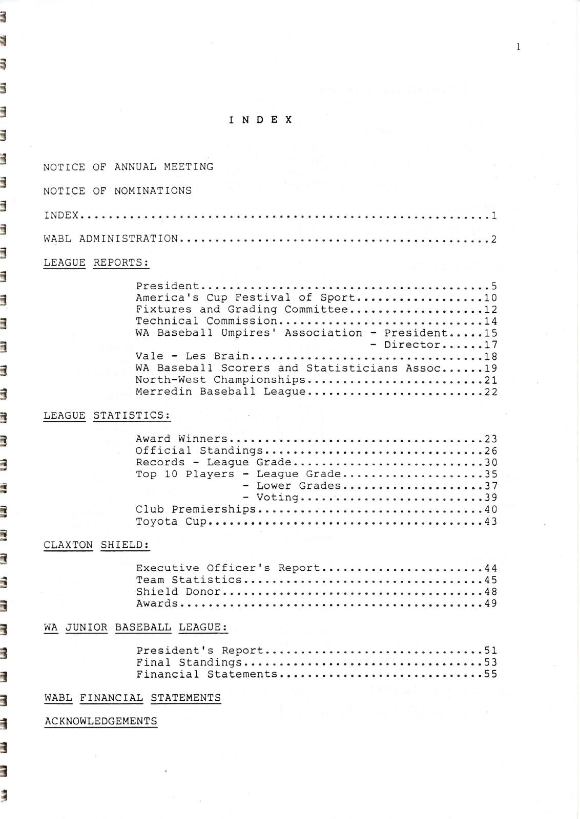 West Australian Baseball League 52nd Annual Report 1986-87 index page