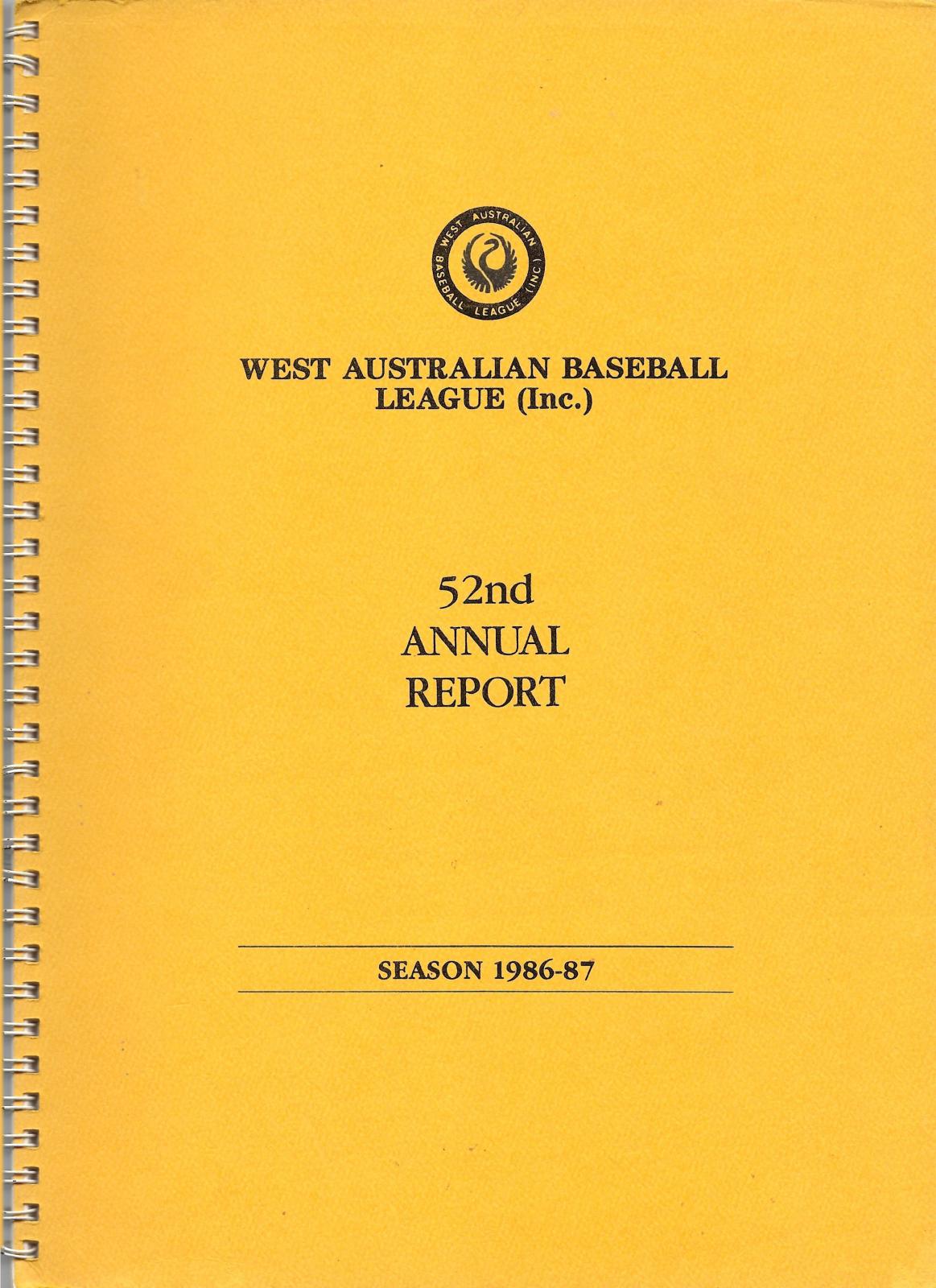 West Australian Baseball League 52nd Annual Report 1986-87 cover page