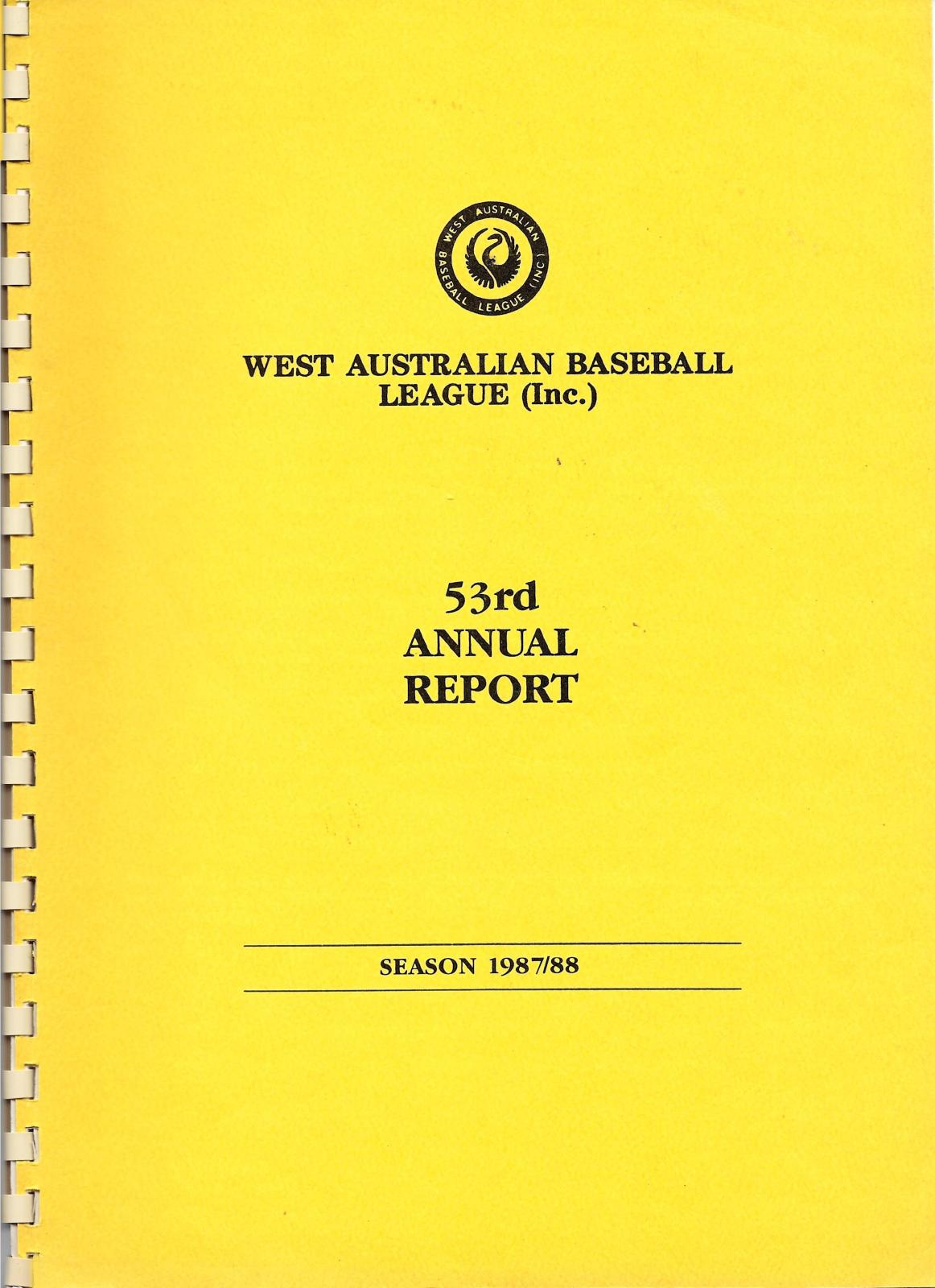 West Australian Baseball League 53rd Annual Report 1987-88 (cover page)