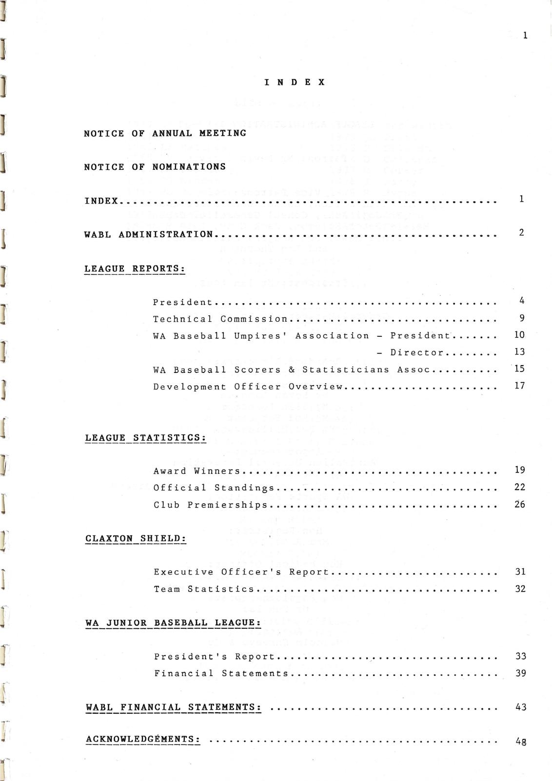 West Australian Baseball League 53rd Annual Report 1987-88 (index page)