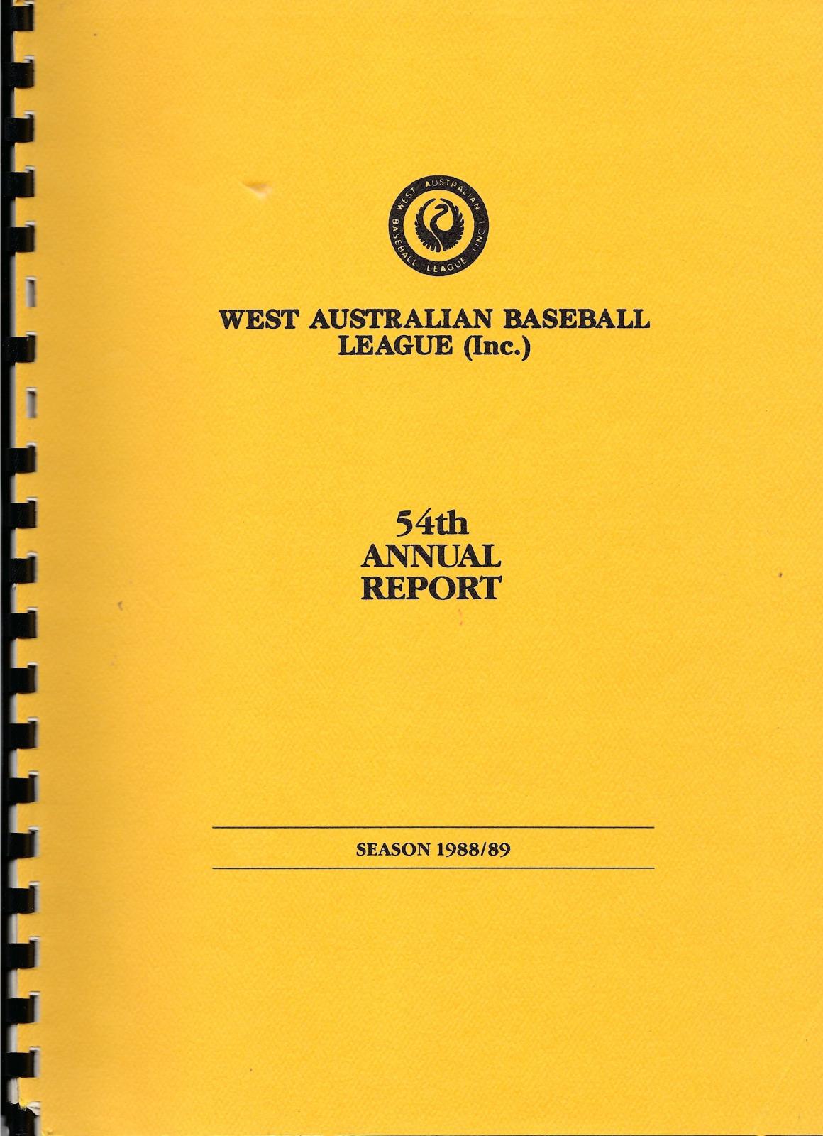 West Australian Baseball League 54th Annual Report 1988-89 cover page