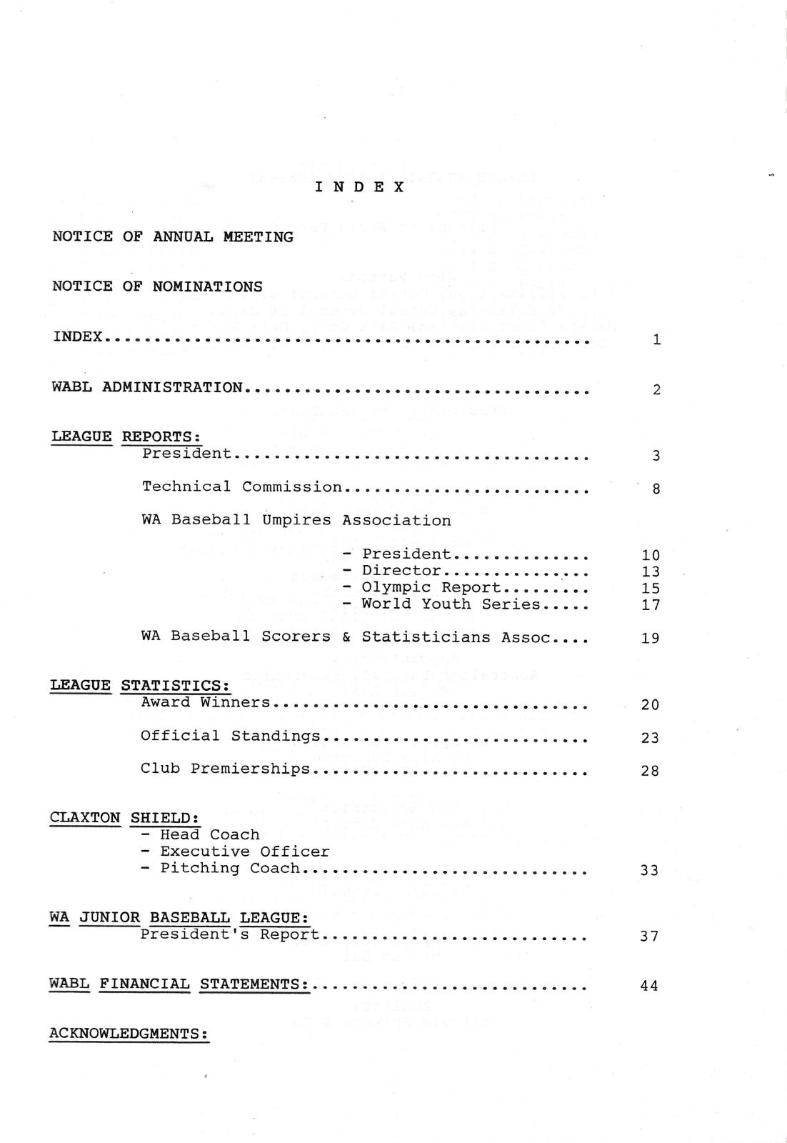 West Australian Baseball League 54th Annual Report 1988-89 index page